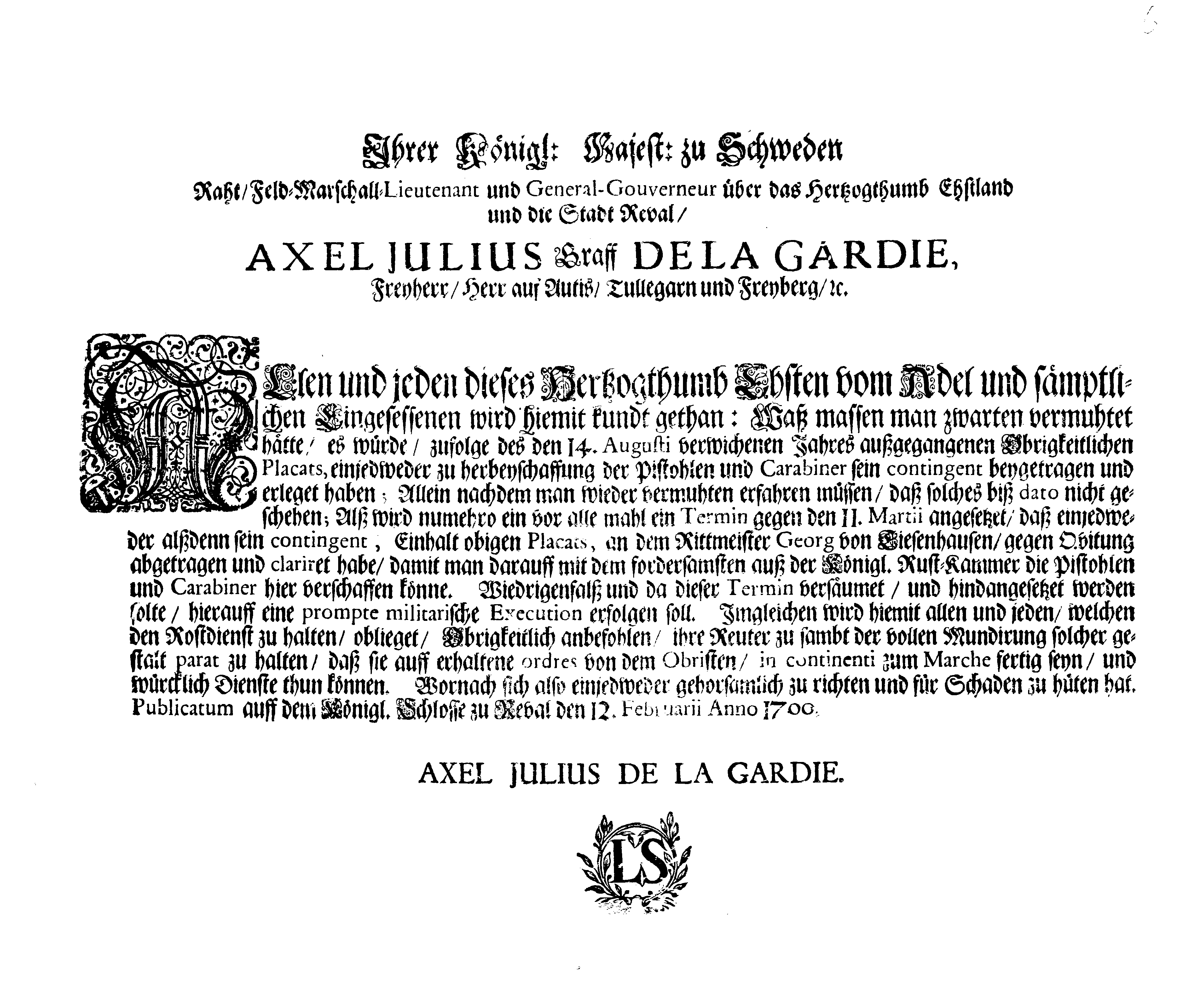 [Axel Julius De la Gardie korraldus]