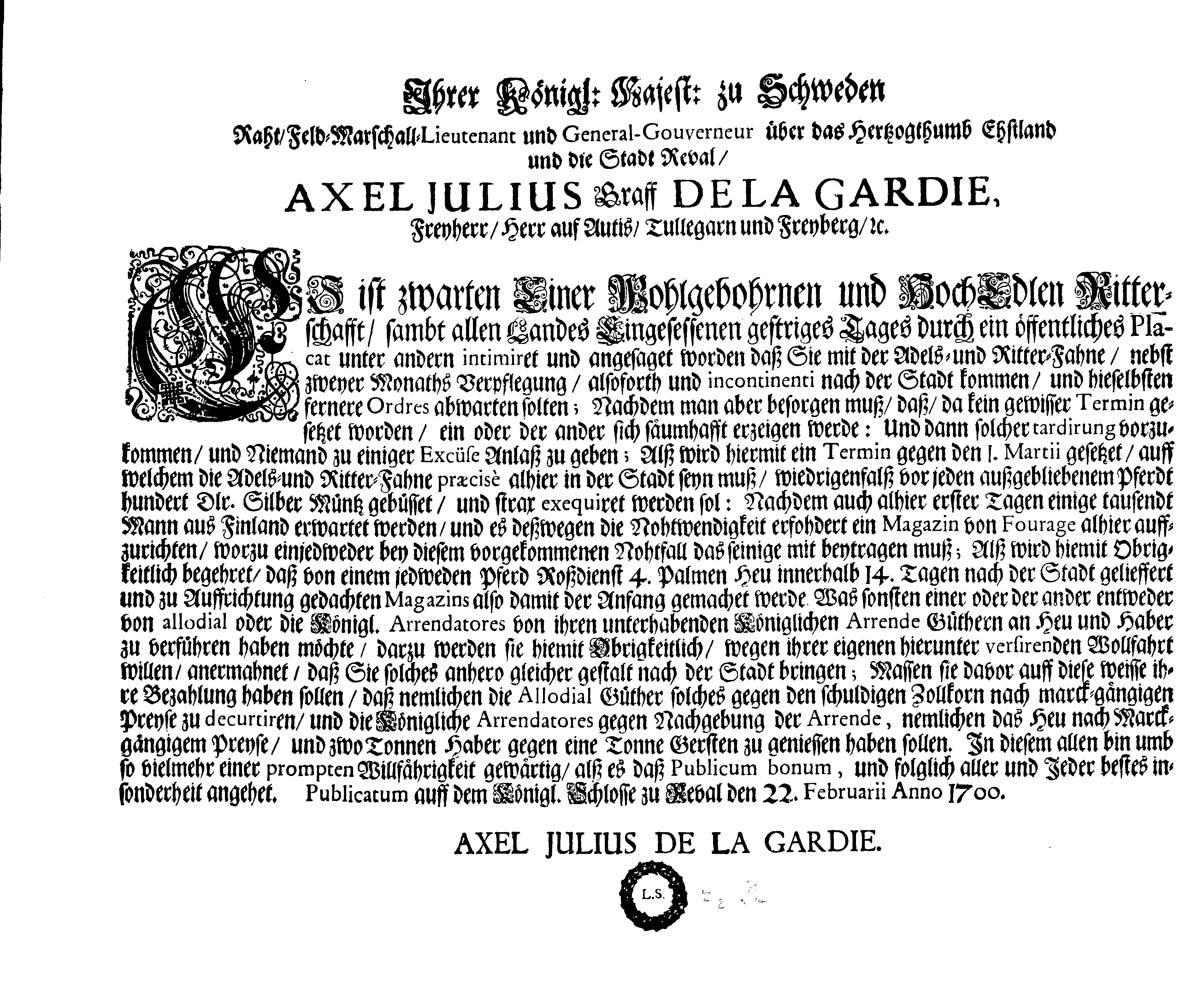 [Axel Julius De la Gardie korraldus]