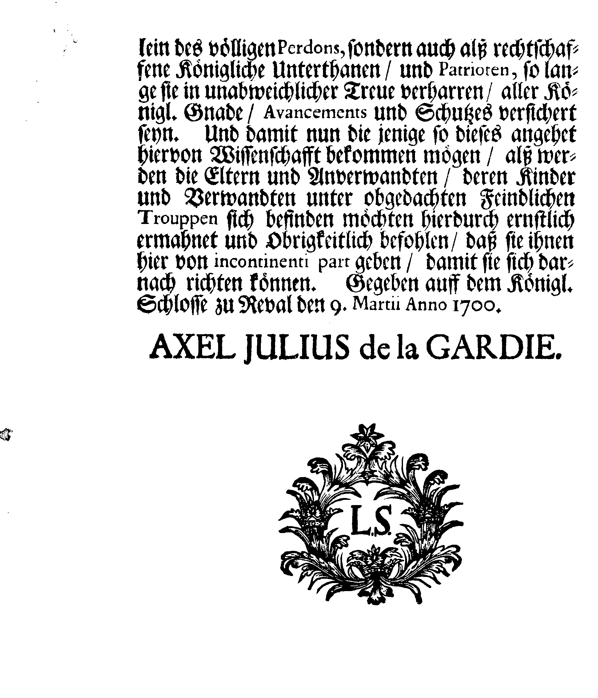 [Axel Julius De la Gardie korraldus]