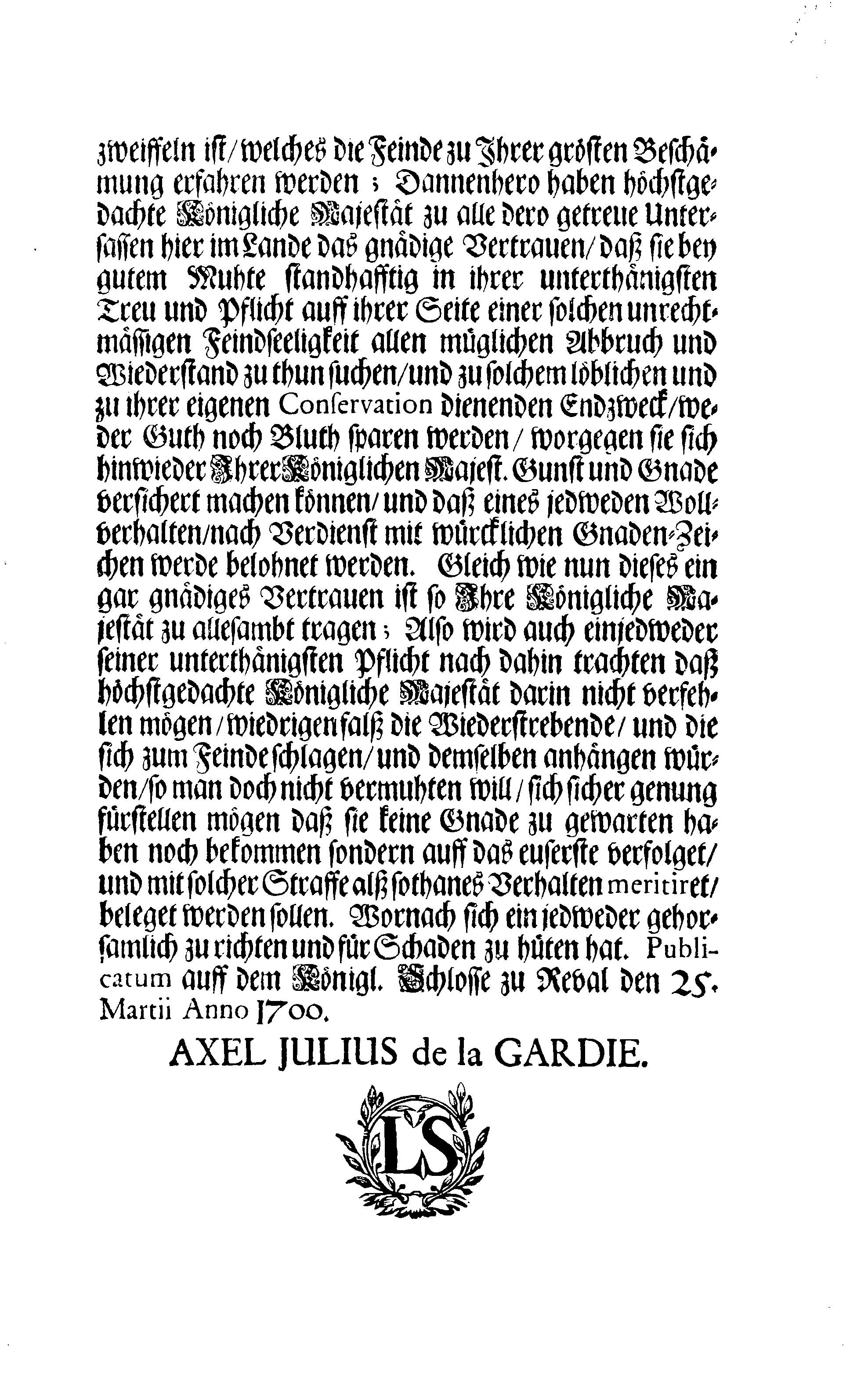 [Axel Julius De la Gardie korraldus]