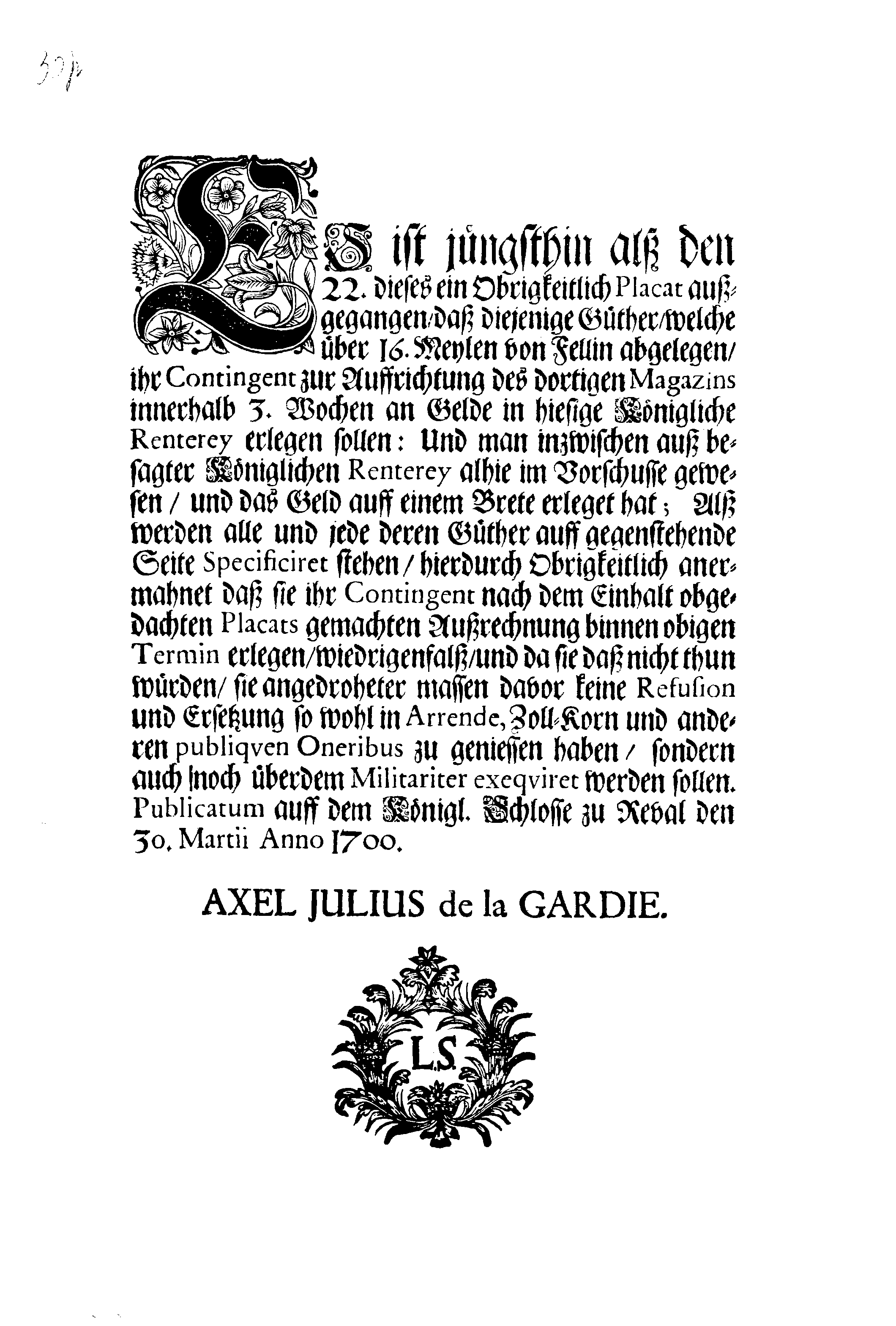 [Axel Julius De la Gardie korraldus]