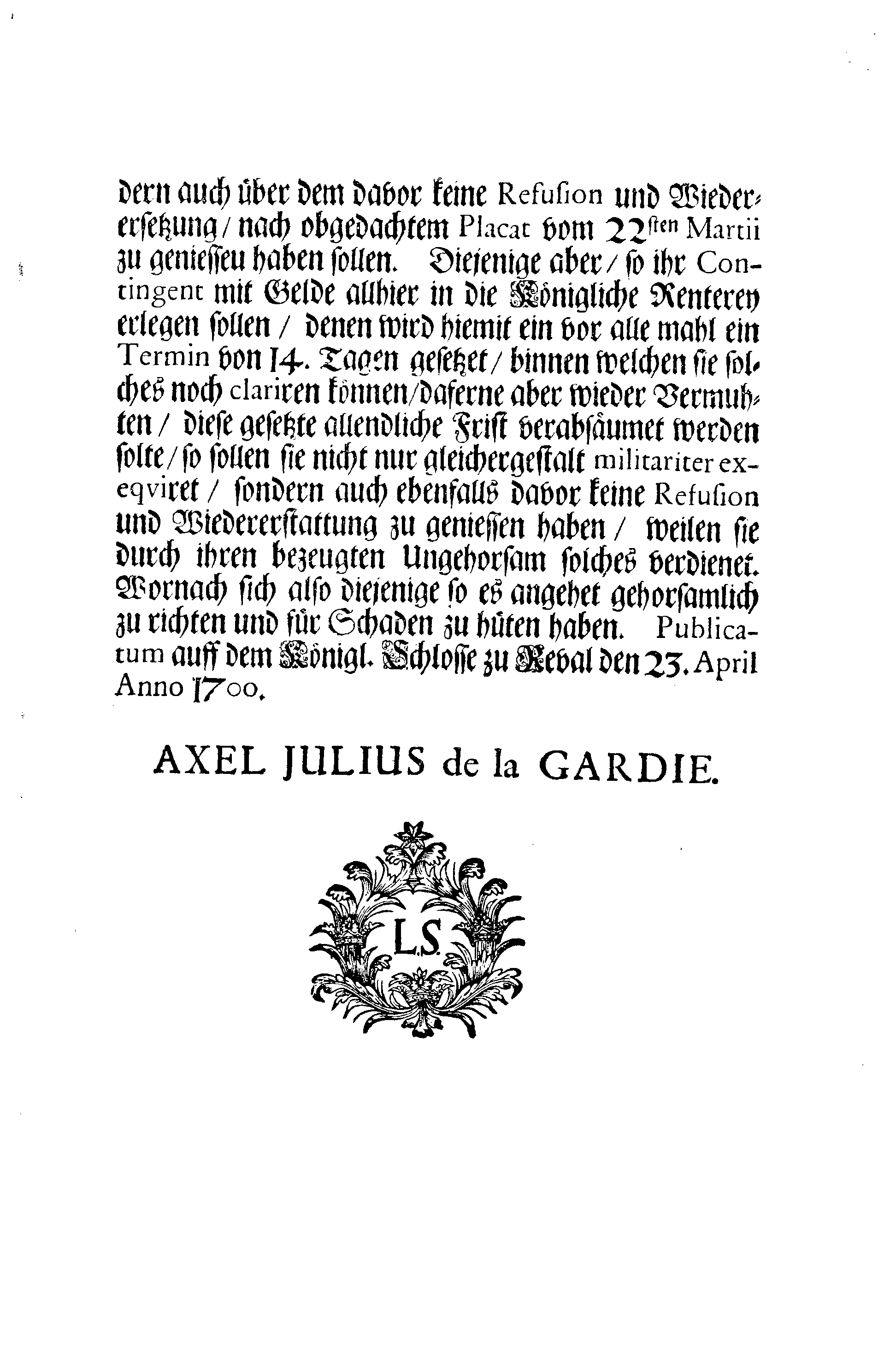 [Axel Julius De la Gardie korraldus]