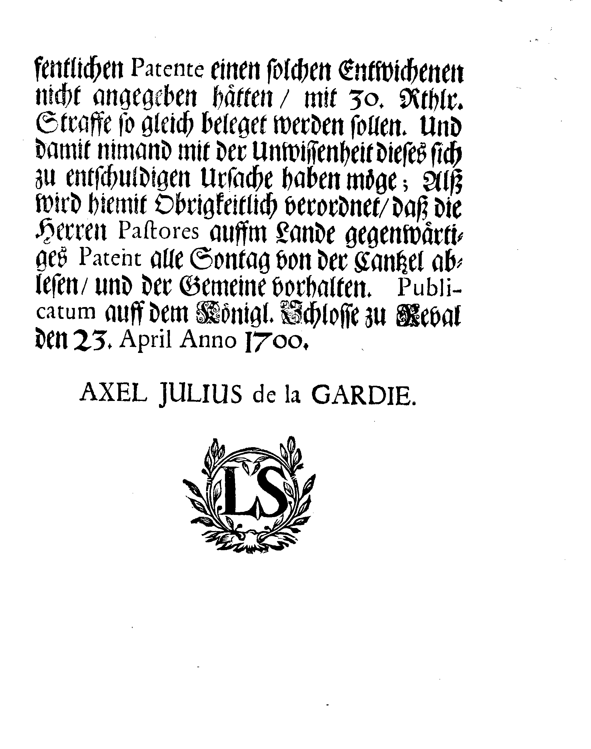 [Axel Julius De la Gardie korraldus]