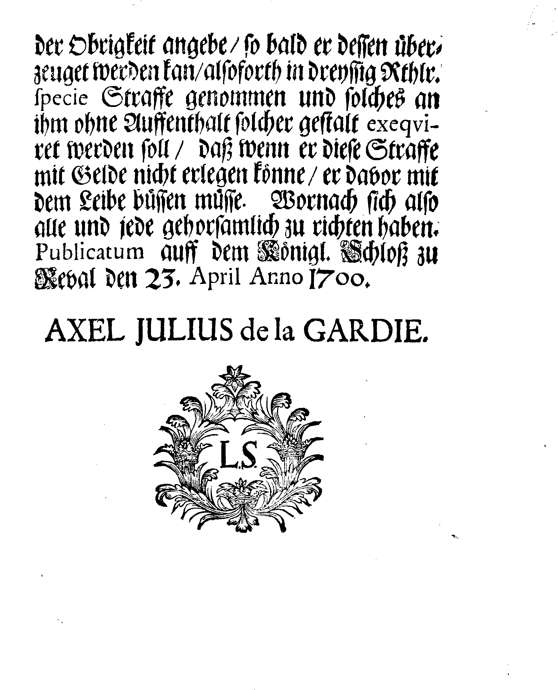 [Axel Julius De la Gardie korraldus]