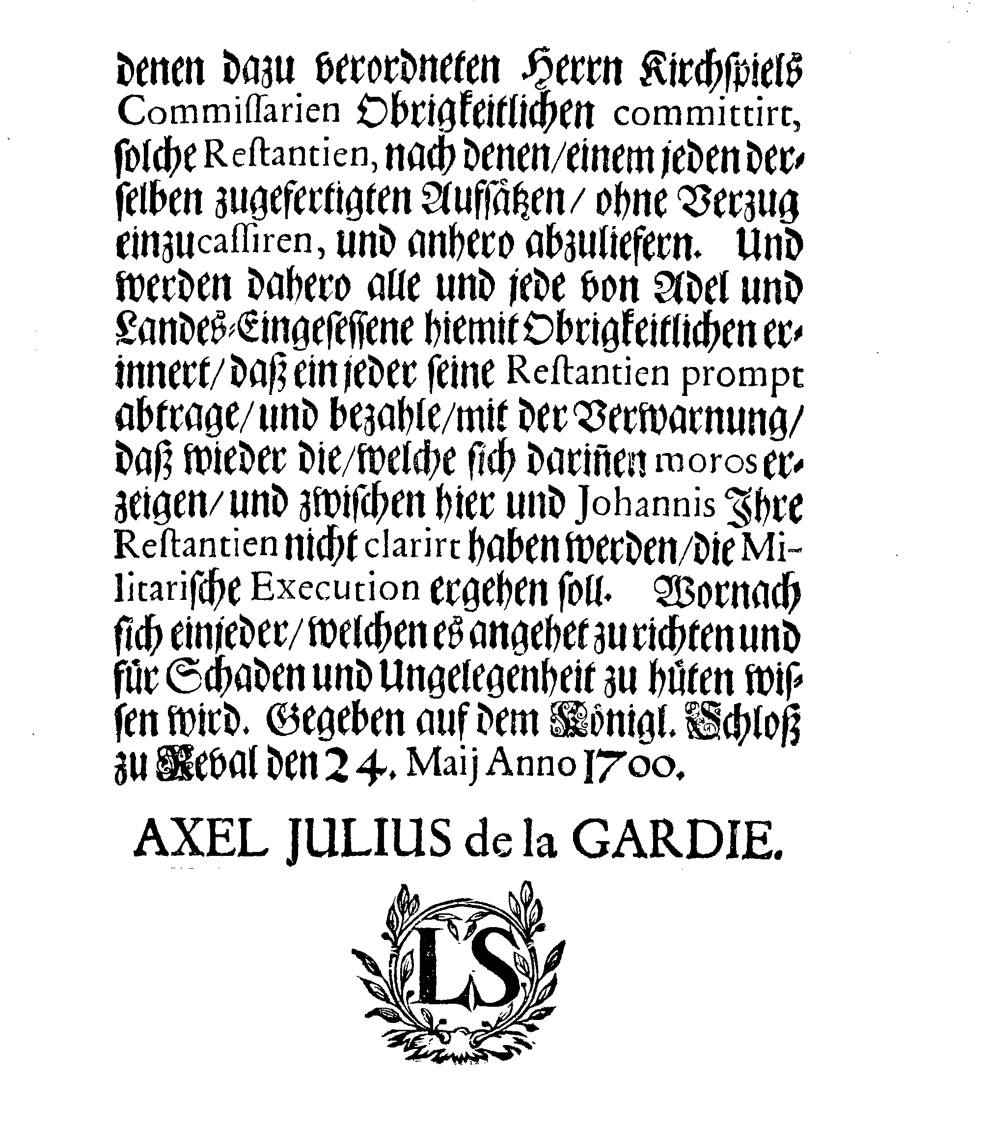 [Axel Julius De la Gardie korraldus]