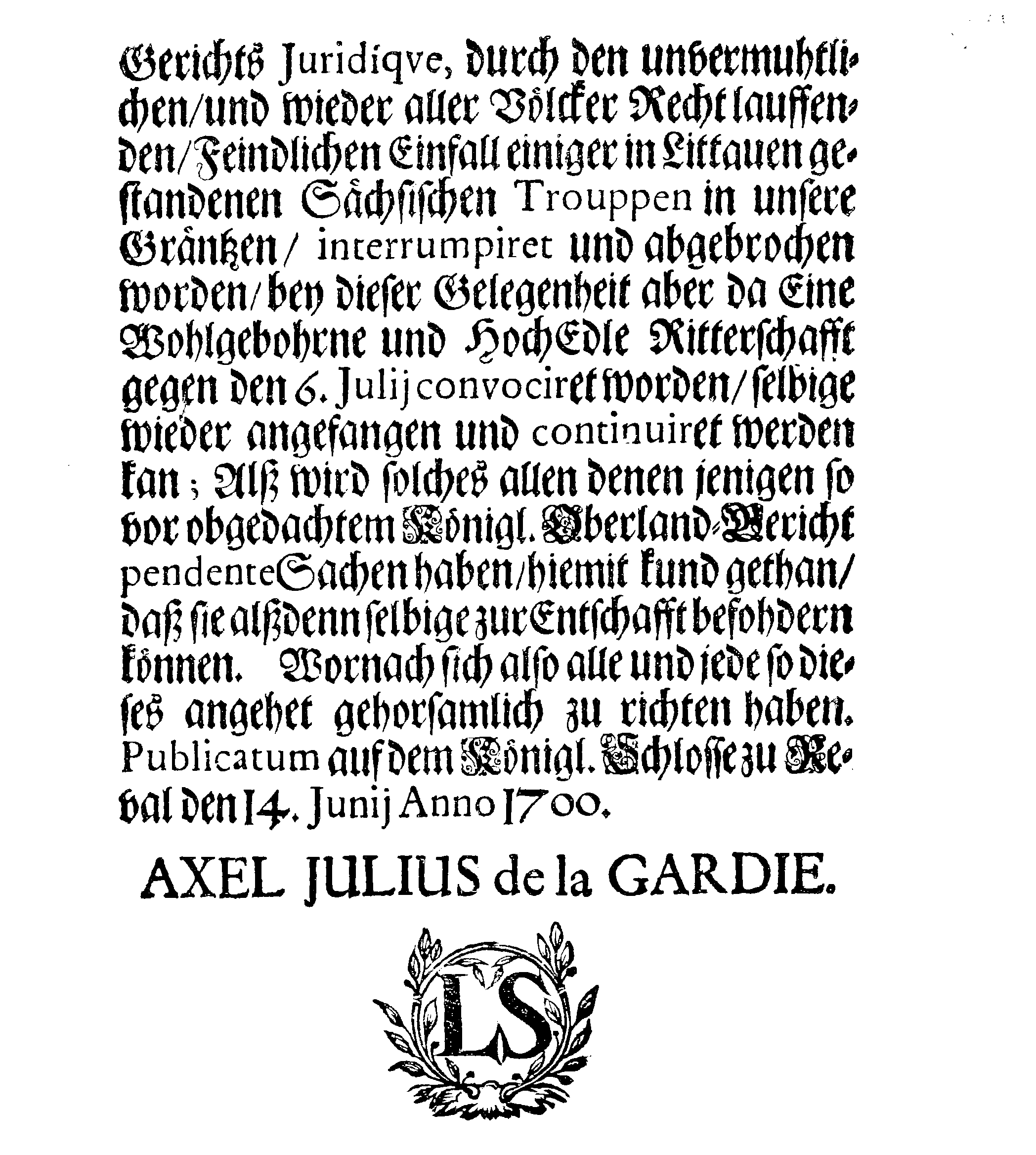 [Axel Julius De la Gardie korraldus]