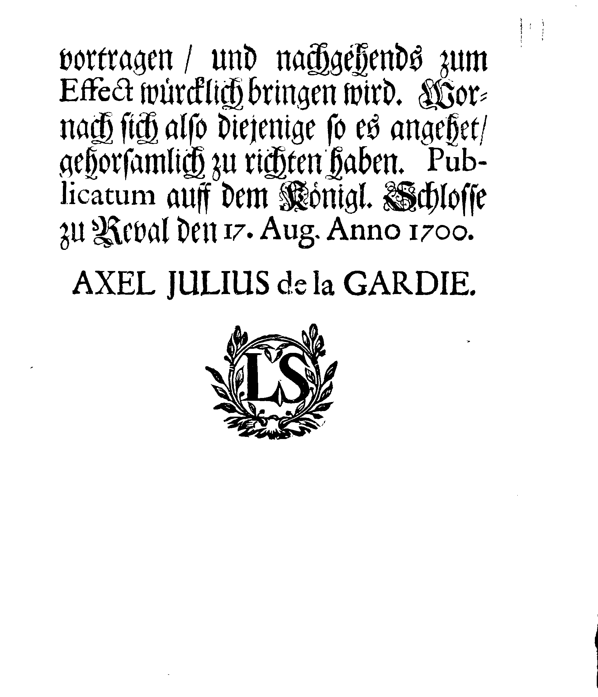 [Axel Julius De la Gardie korraldus]