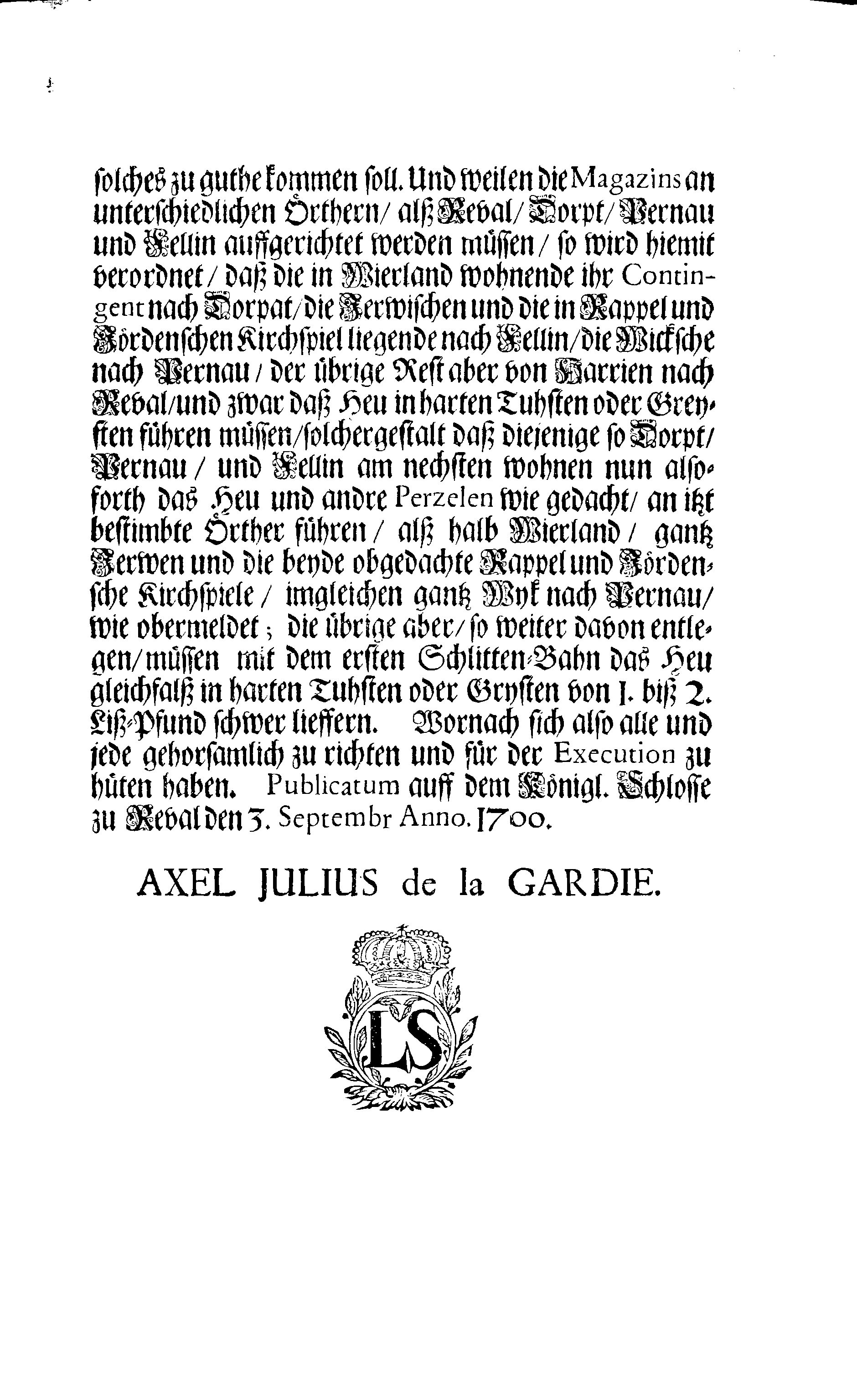 [Axel Julius De la Gardie korraldus]