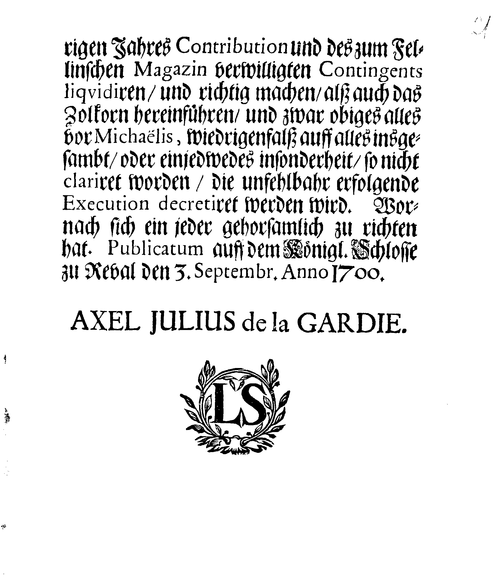 [Axel Julius De la Gardie korraldus]