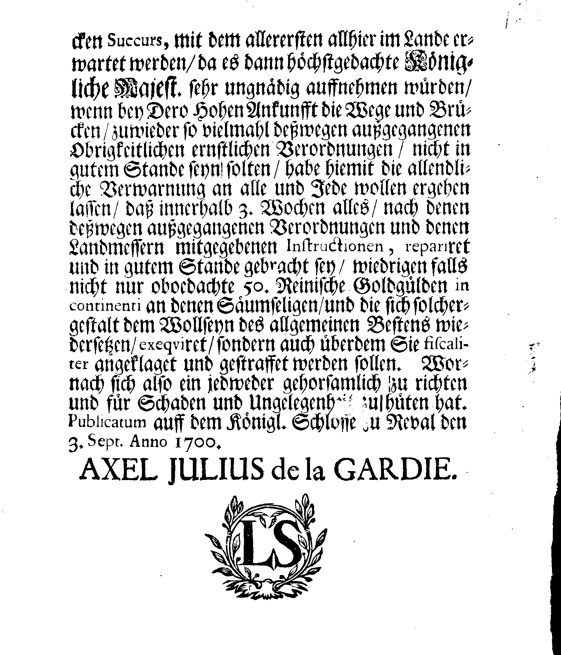 [Axel Julius De la Gardie korraldus]