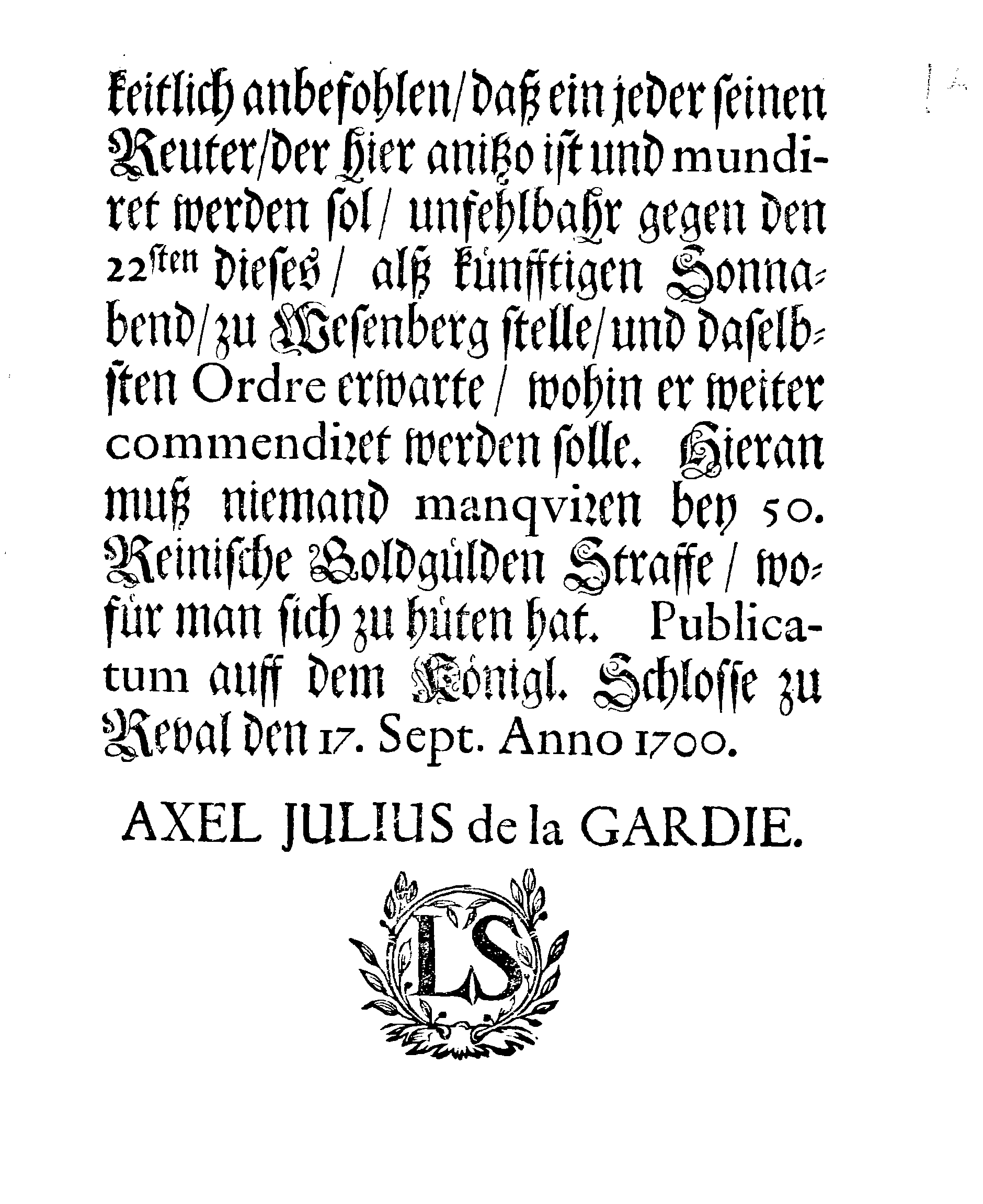 [Axel Julius De la Gardie korraldus]