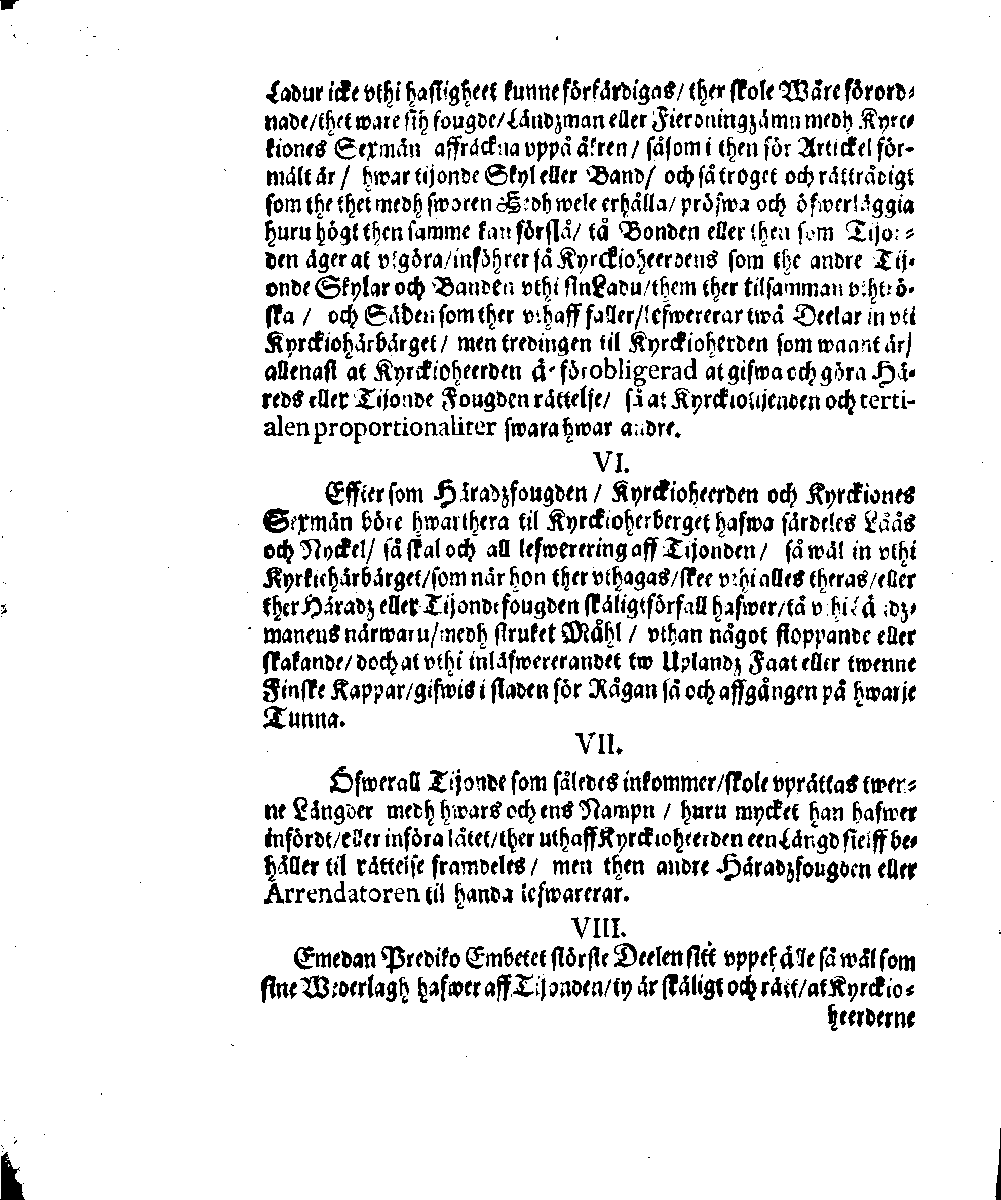 Kongl. M.tz til Swerige Ordning och Stadga, Om Kyrckiottjenderne i Rijket, giord på Rijkzdagen uthi Stockholm åhr MDCXXXVIII