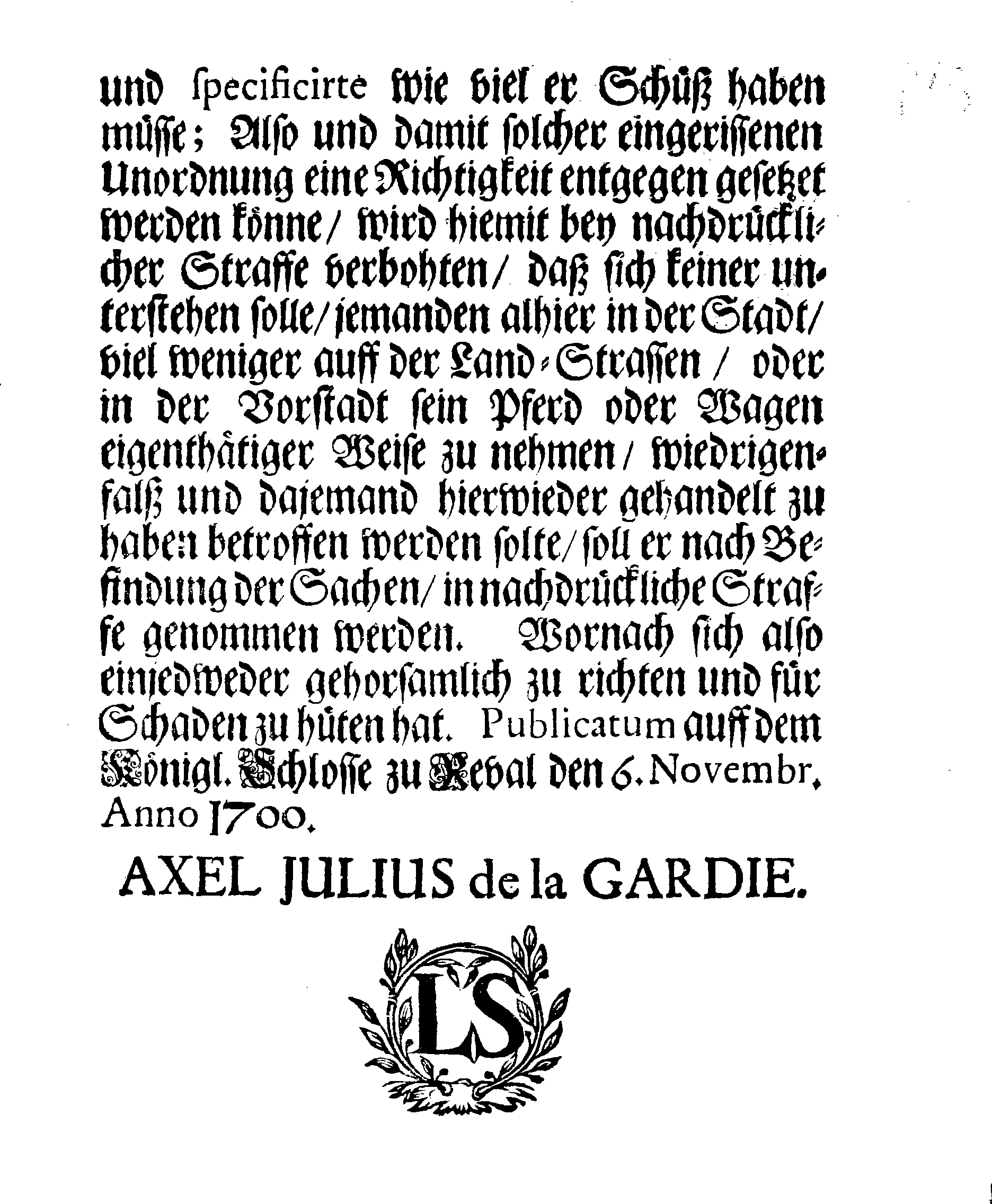 [Axel Julius De la Gardie korraldus]