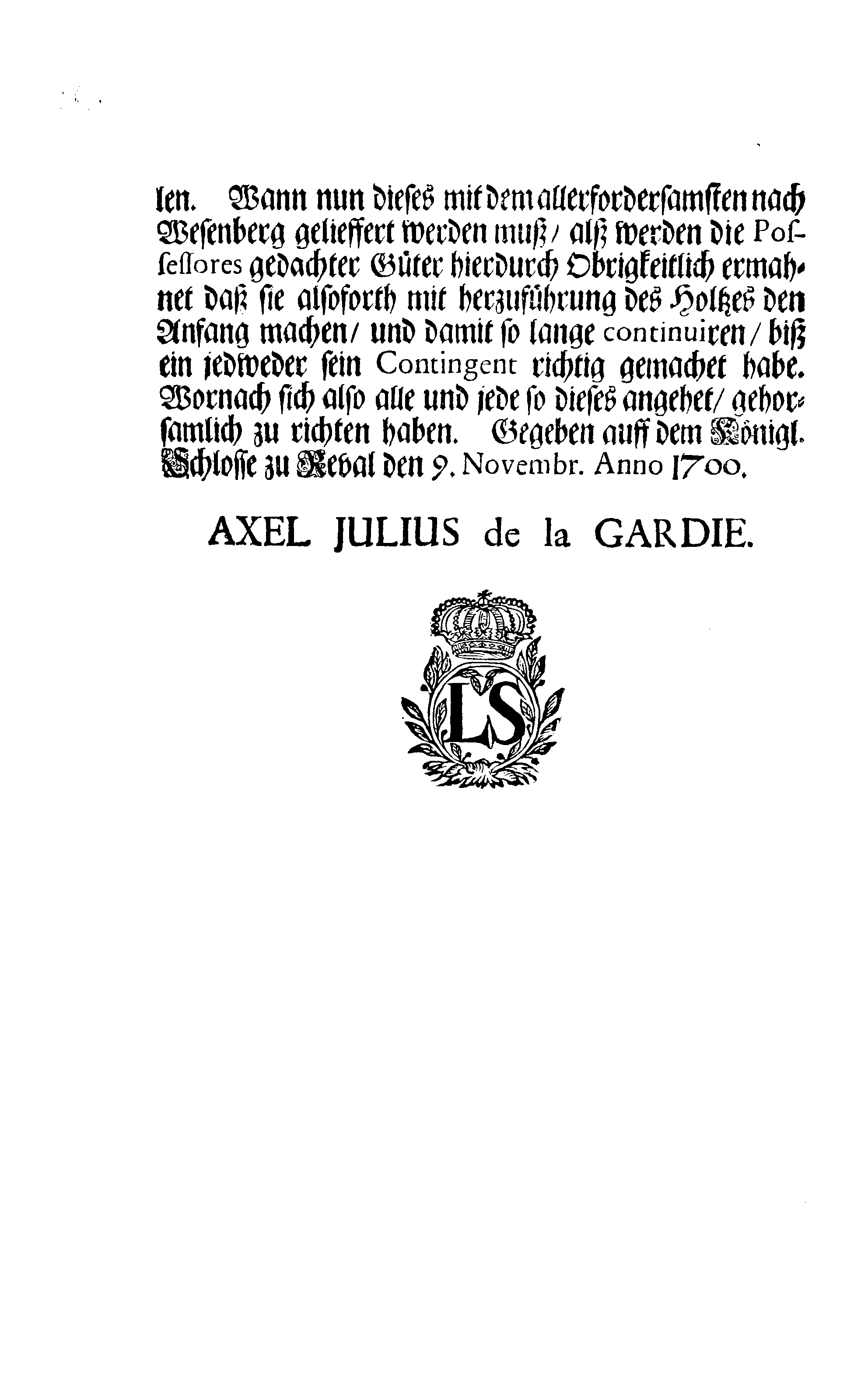 [Axel Julius De la Gardie korraldus]