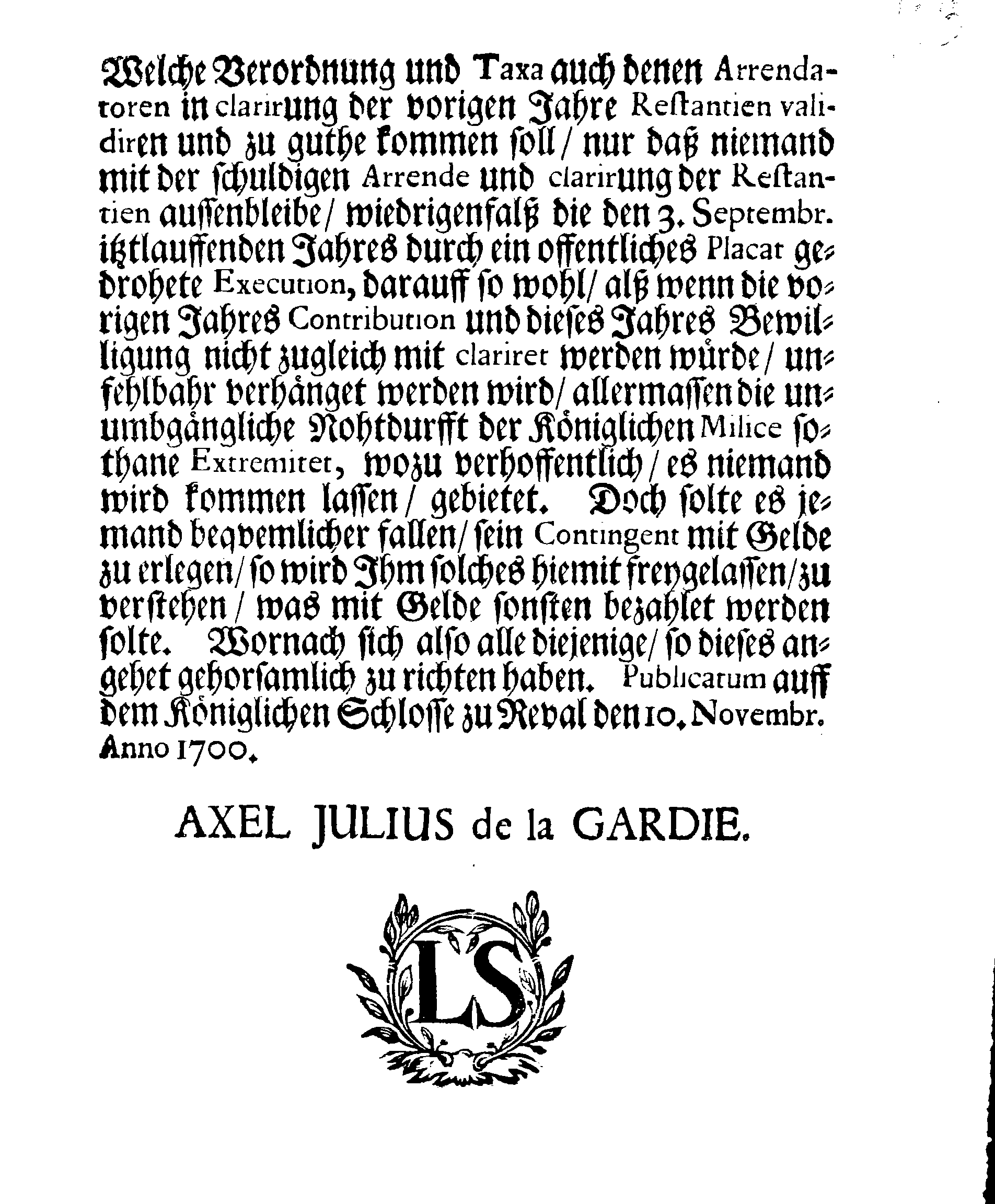 [Axel Julius De la Gardie korraldus]