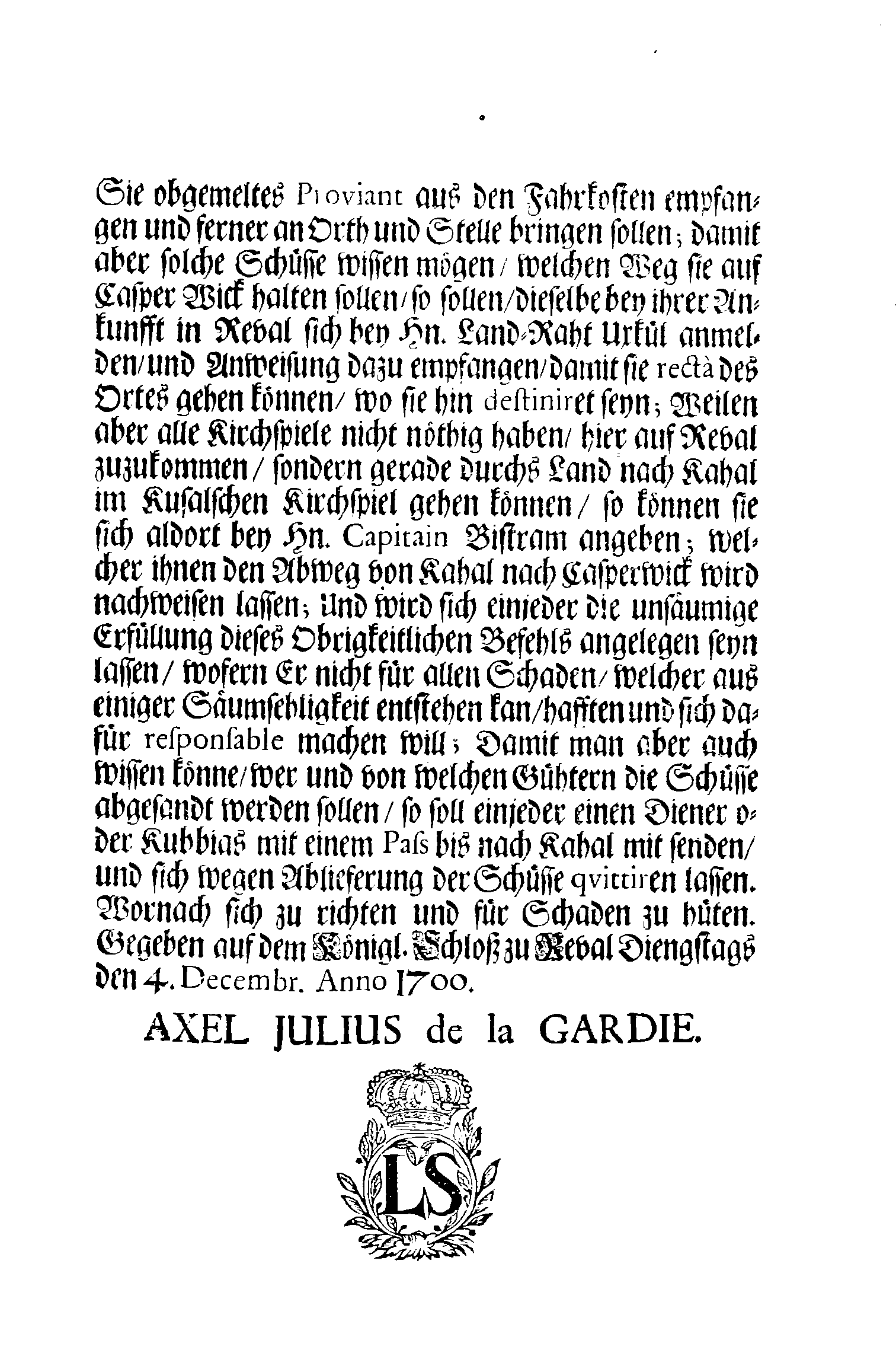 [Axel Julius De la Gardie korraldus]