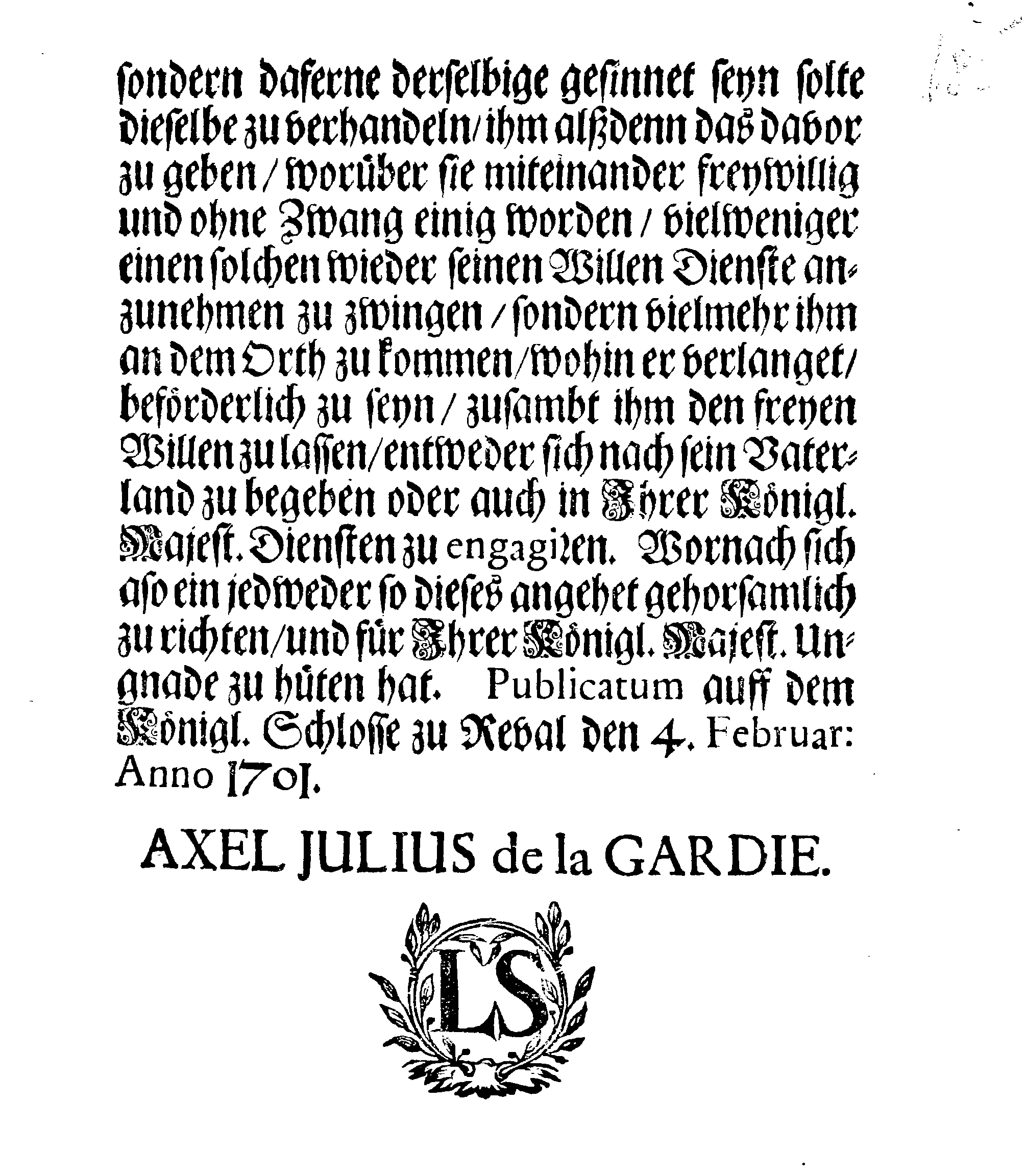 [Axel Julius De la Gardie korraldus]