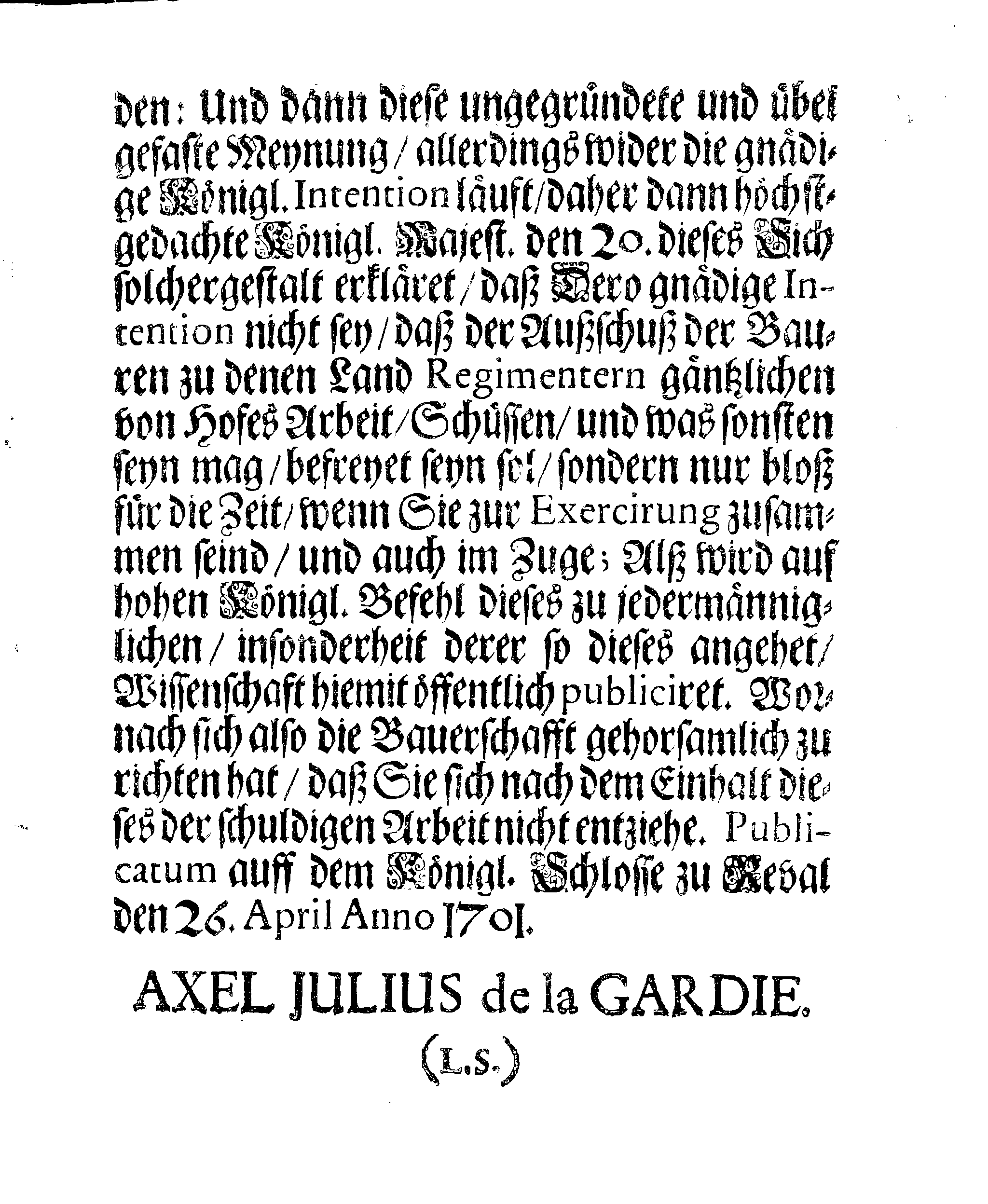 [Axel Julius De la Gardie korraldus]