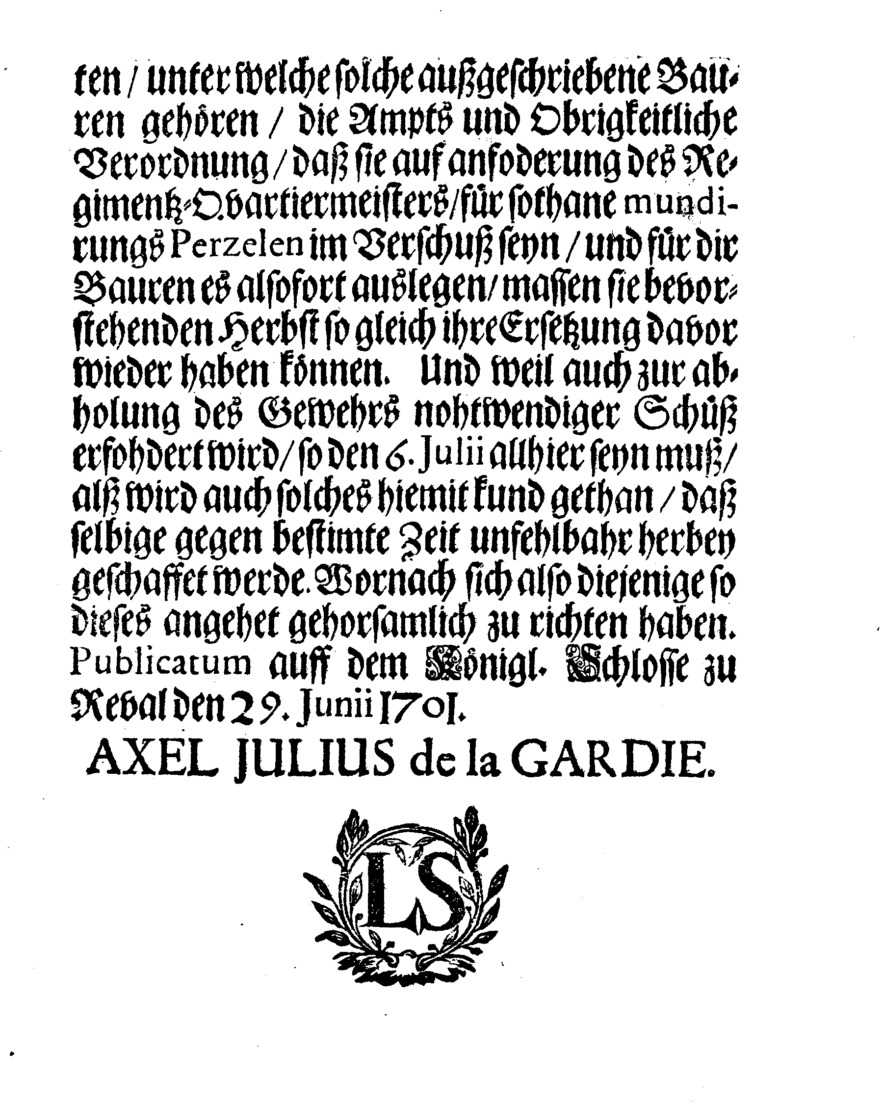 [Axel Julius De la Gardie korraldus]