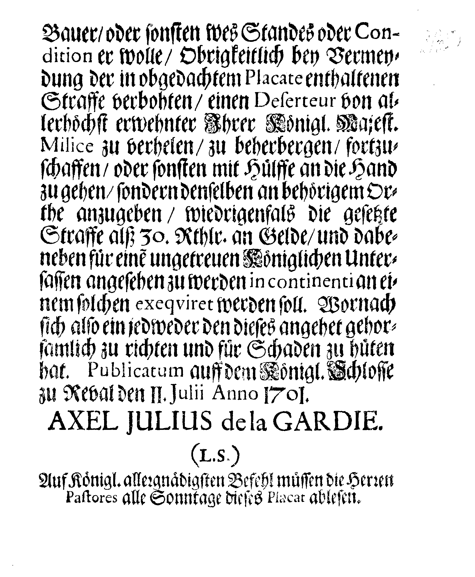 [Axel Julius De la Gardie korraldus]