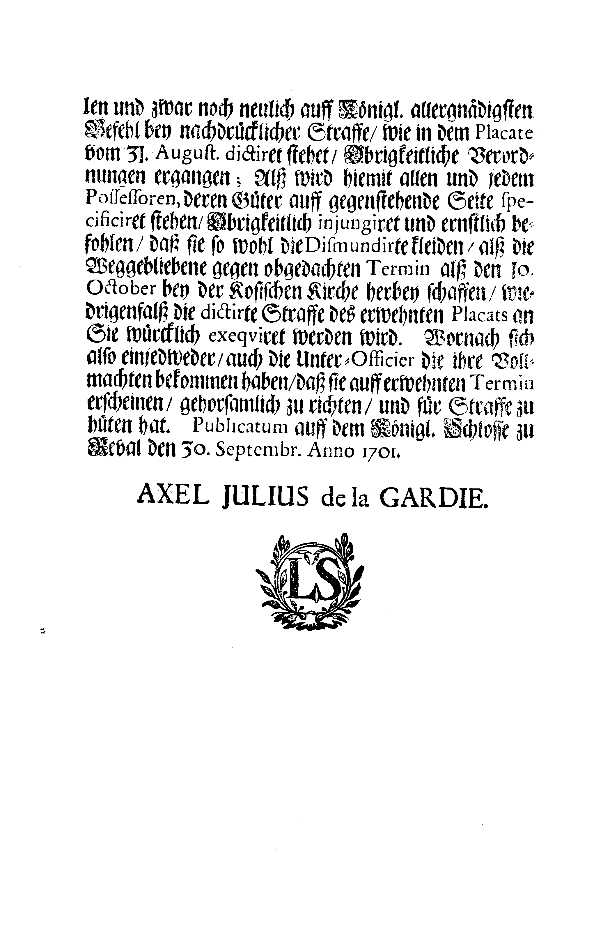 [Axel Julius De la Gardie korraldus]