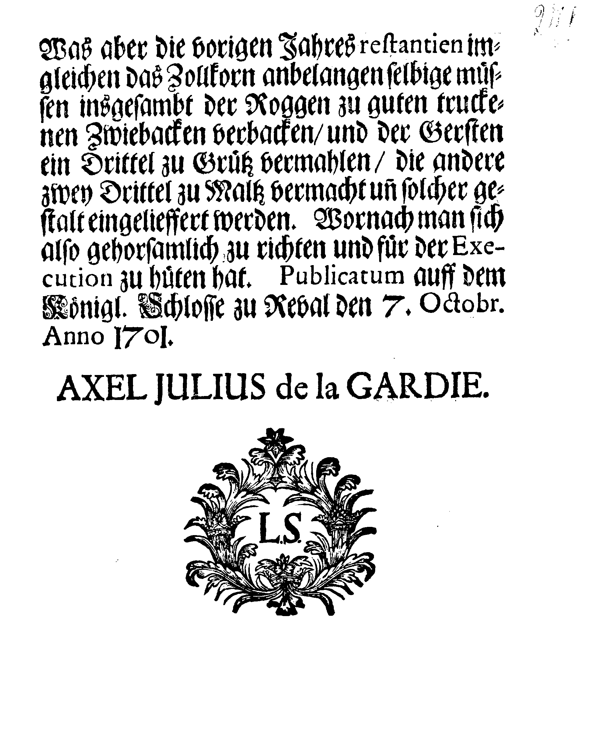 [Axel Julius De la Gardie korraldus]