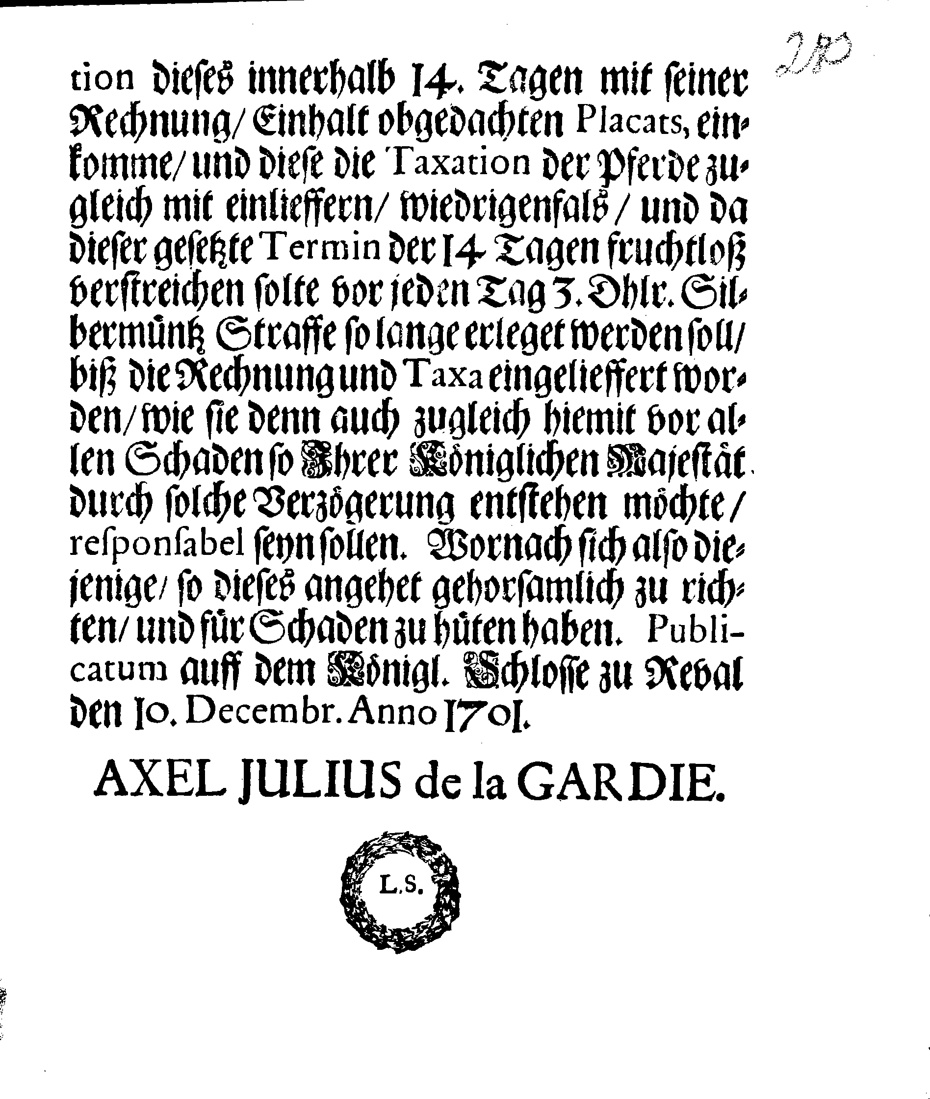 [Axel Julius De la Gardie korraldus]