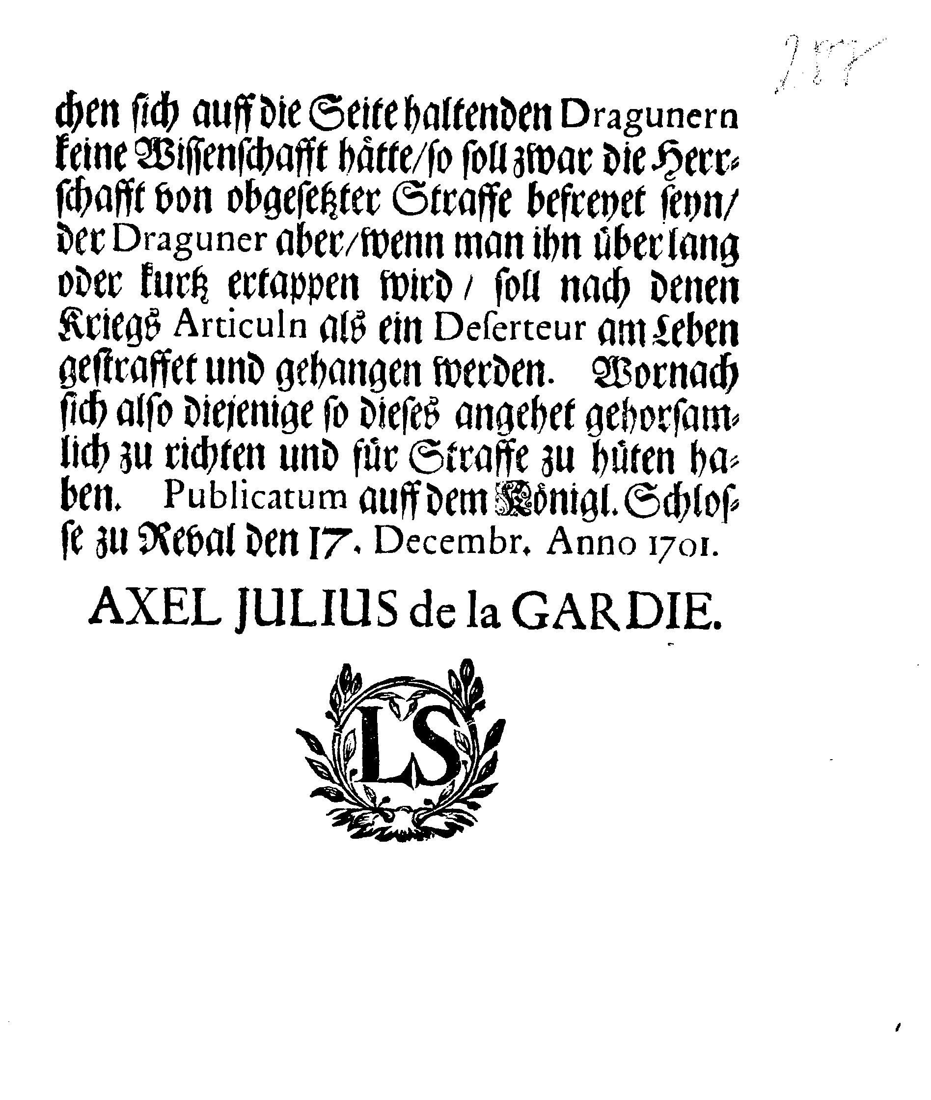 [Axel Julius De la Gardie korraldus]