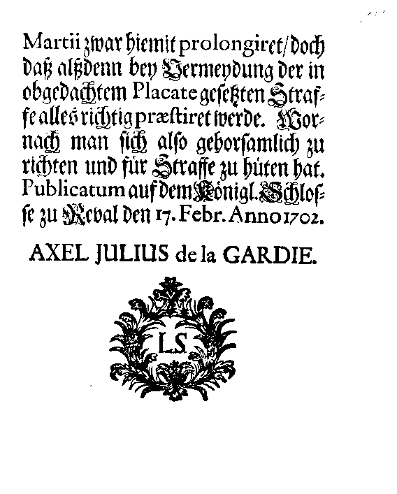 [Axel Julius De la Gardie korraldus]