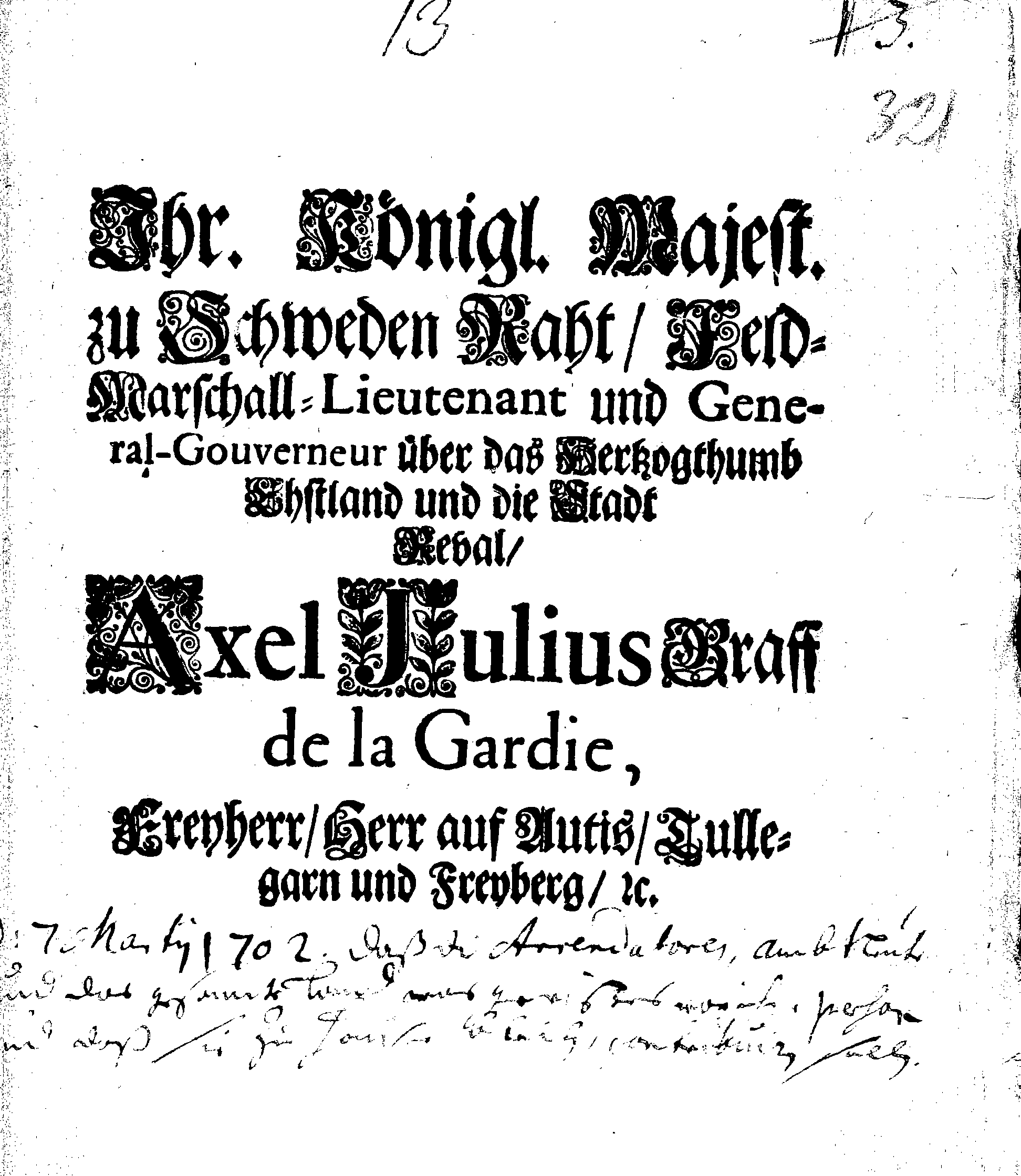 [Axel Julius De la Gardie korraldus]