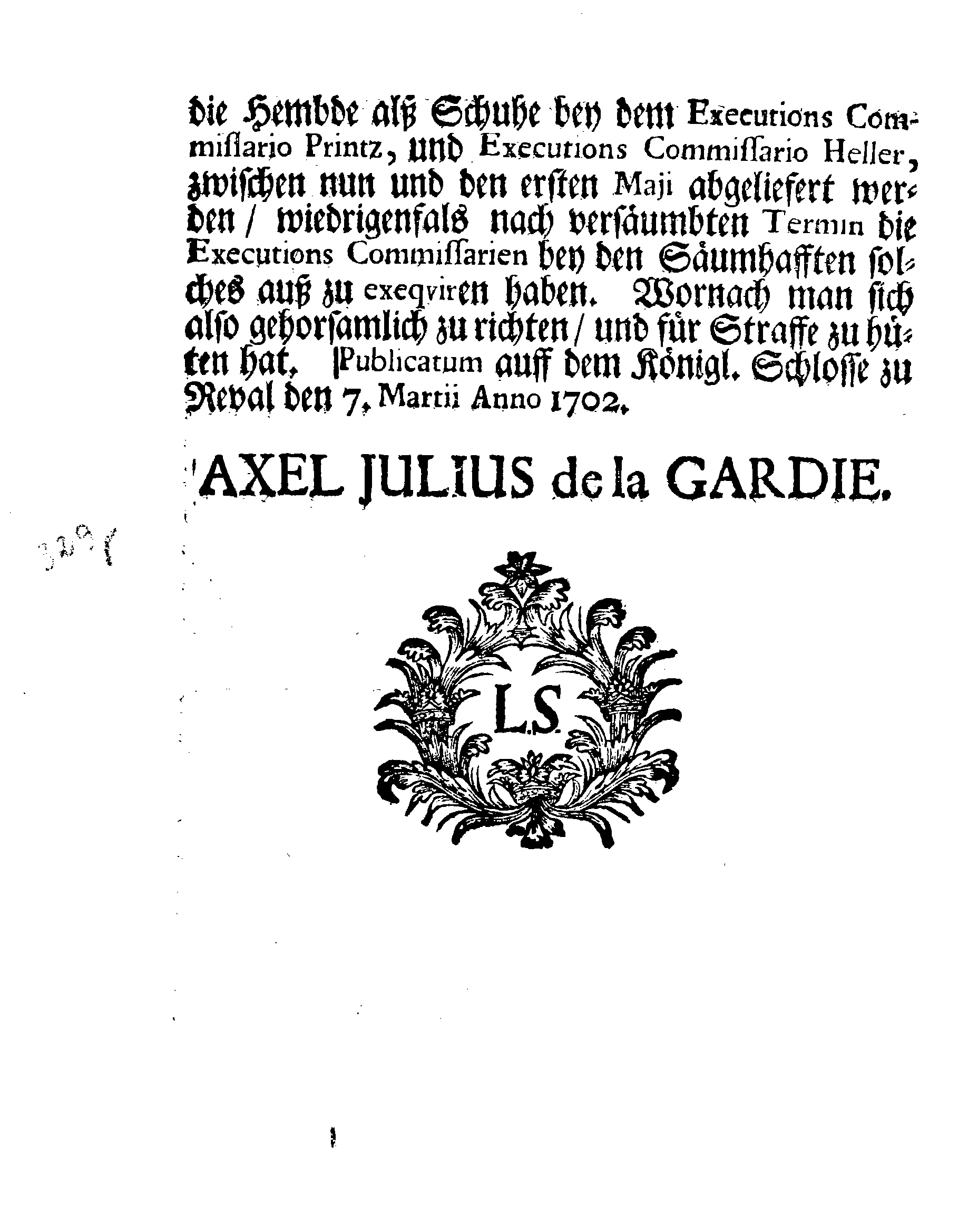 [Axel Julius De la Gardie korraldus]