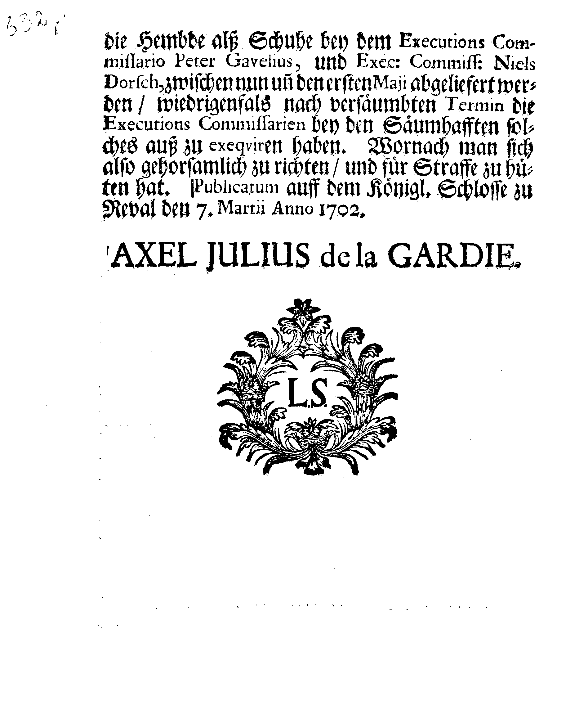 [Axel Julius De la Gardie korraldus]