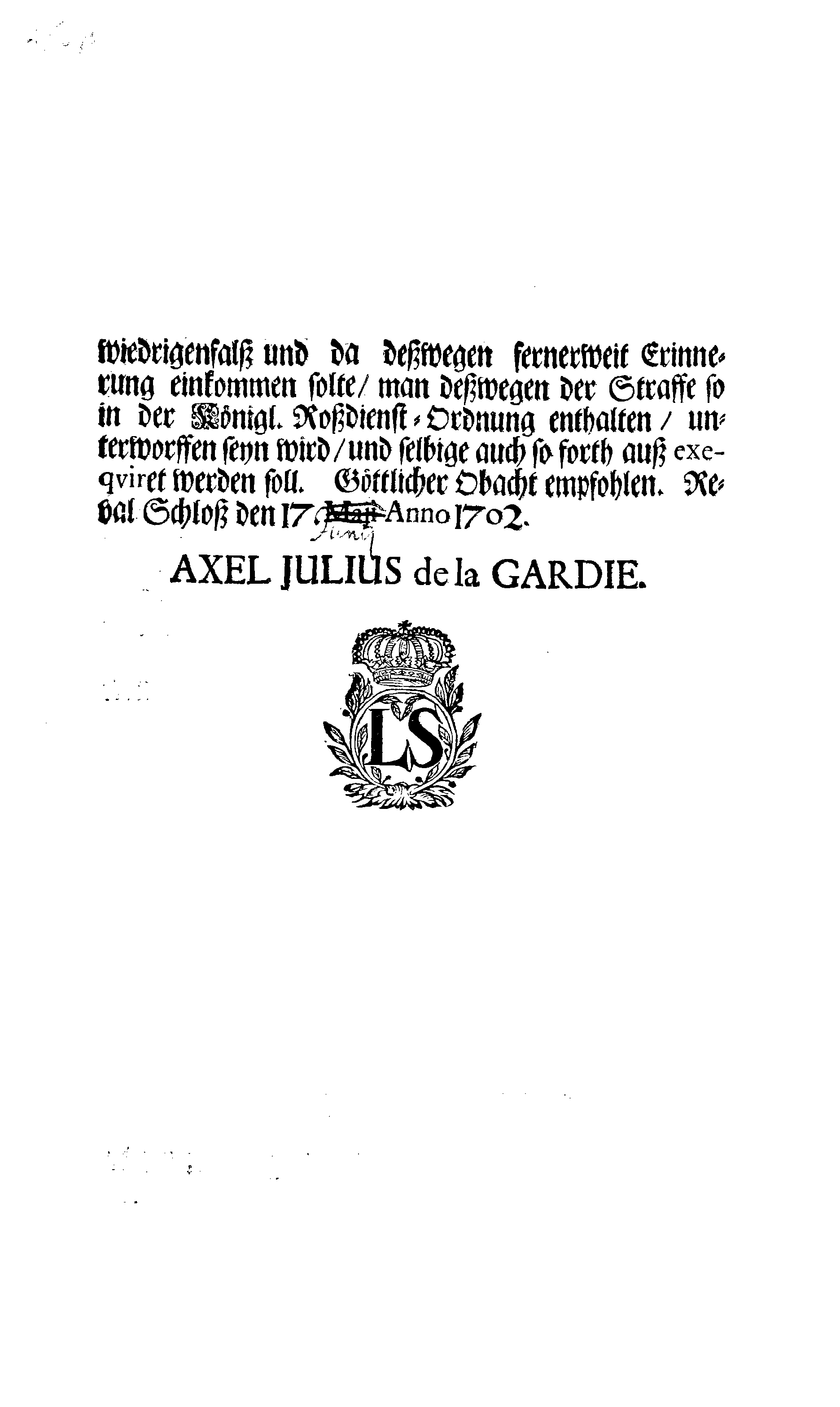 [Axel Julius De la Gardie korraldus]