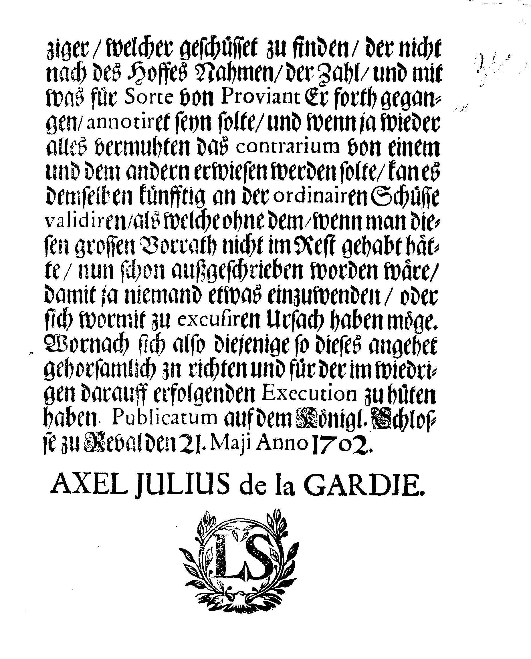 [Axel Julius De la Gardie korraldus]