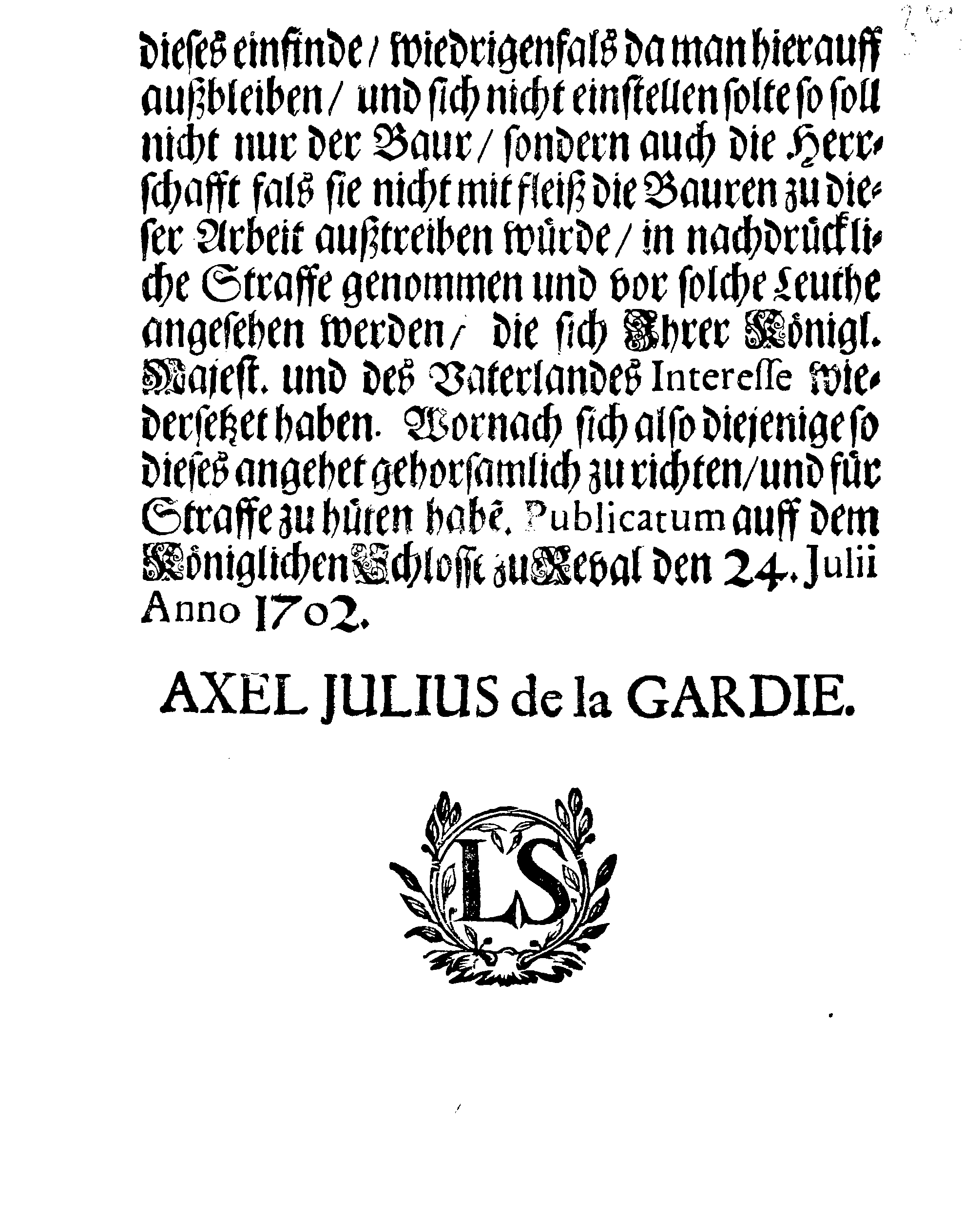 [Axel Julius De la Gardie korraldus]