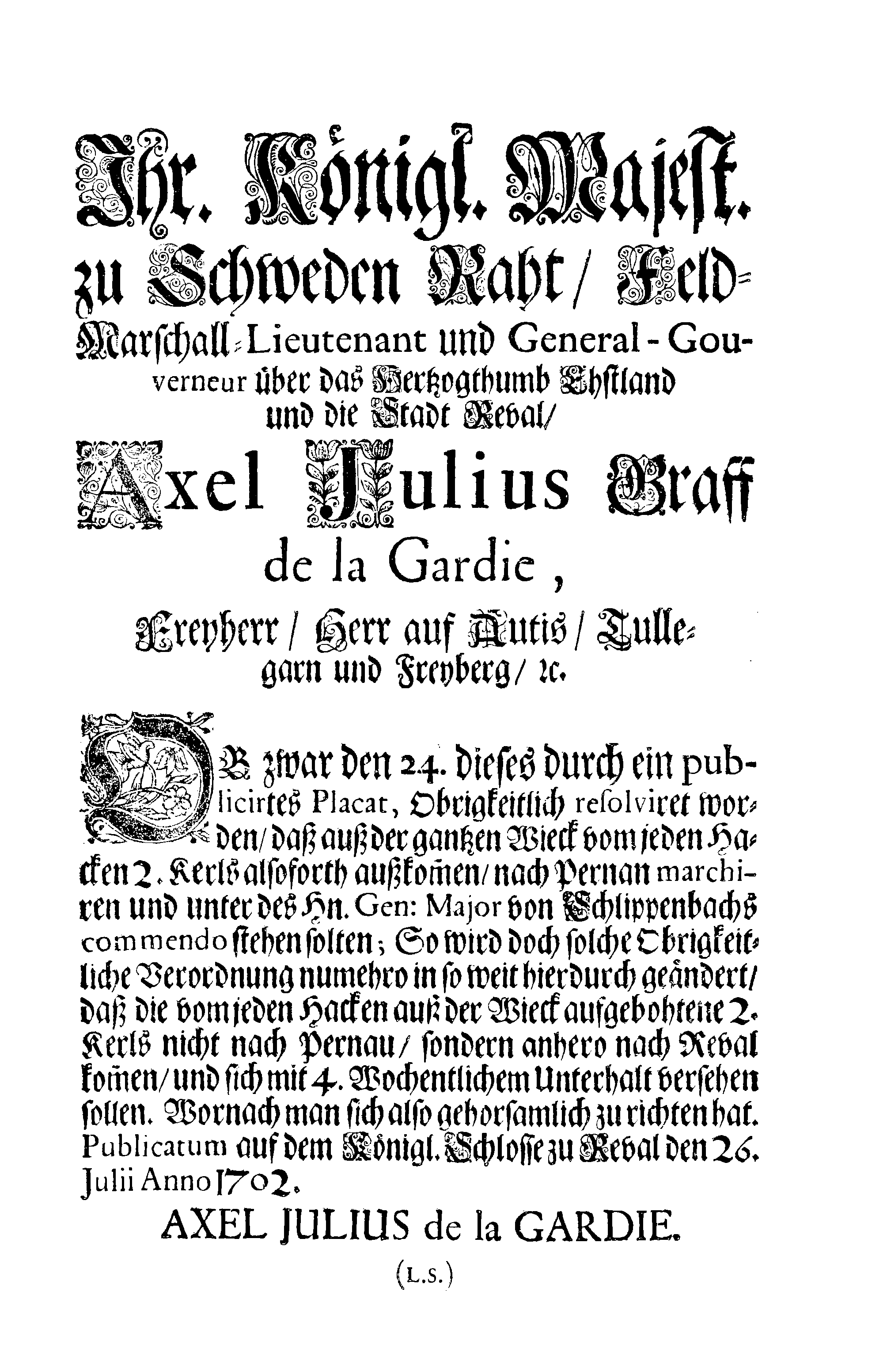 [Axel Julius De la Gardie korraldus]