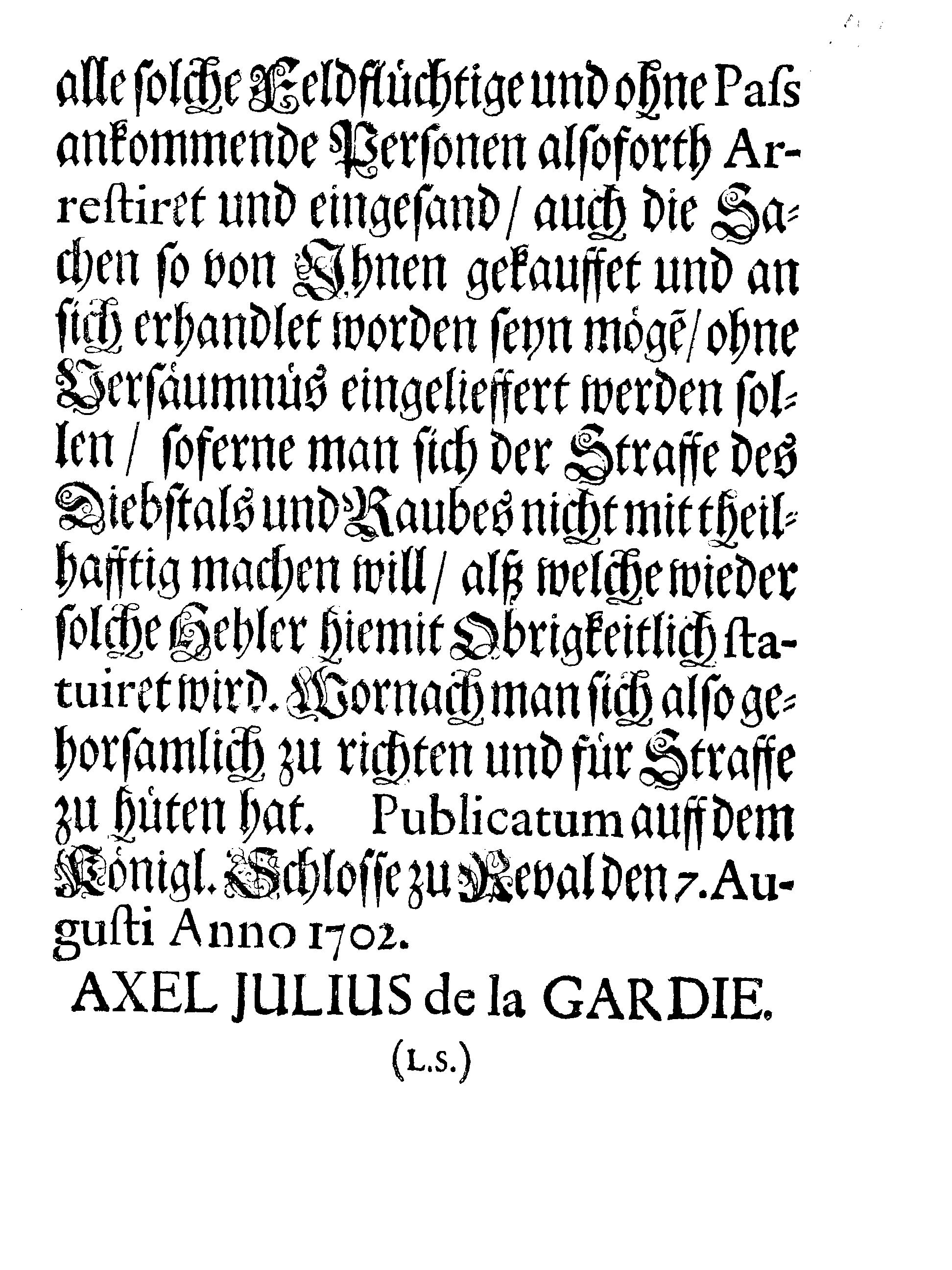 [Axel Julius De la Gardie korraldus]