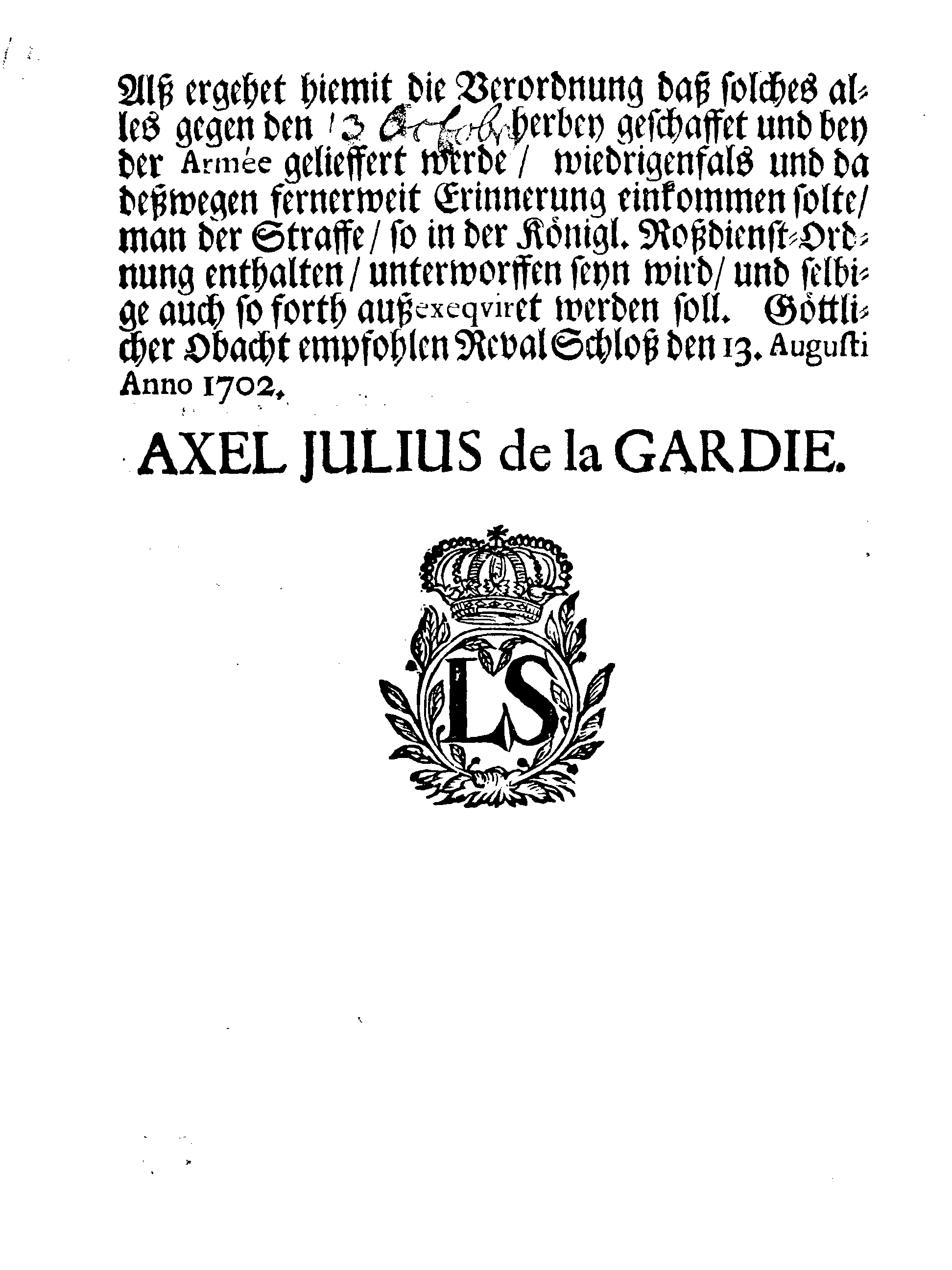 [Axel Julius De la Gardie korraldus]