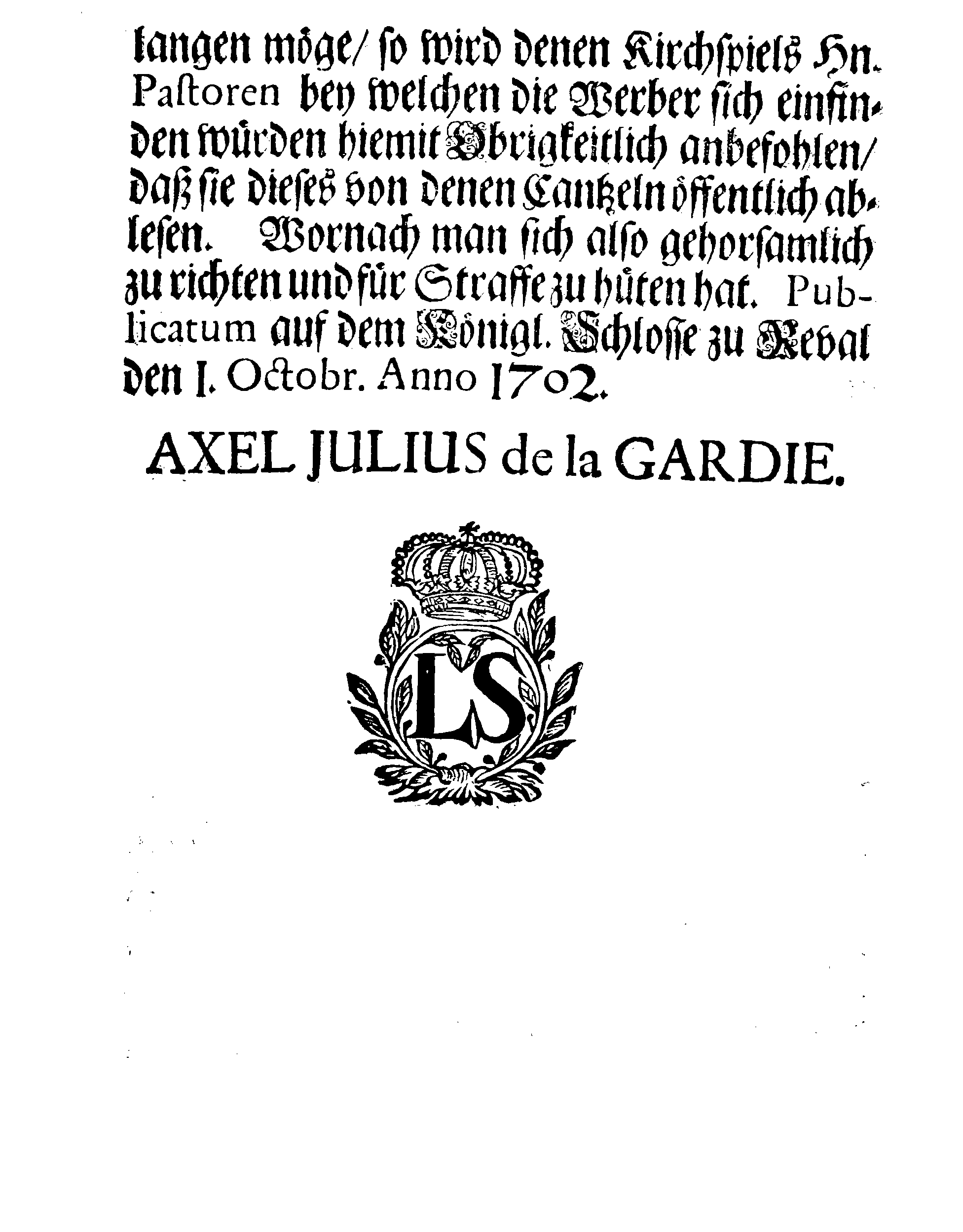 [Axel Julius De la Gardie korraldus]