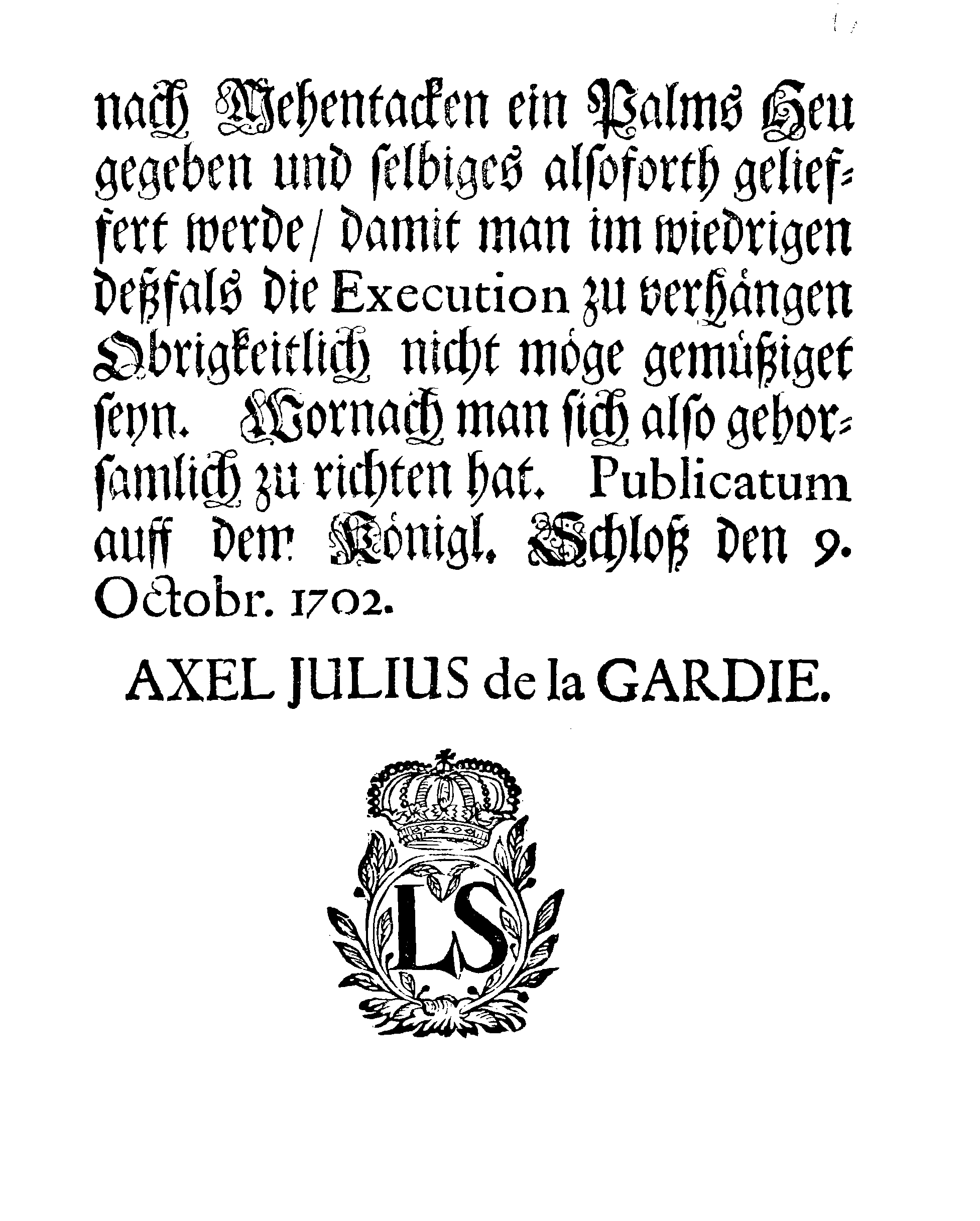 [Axel Julius De la Gardie korraldus]