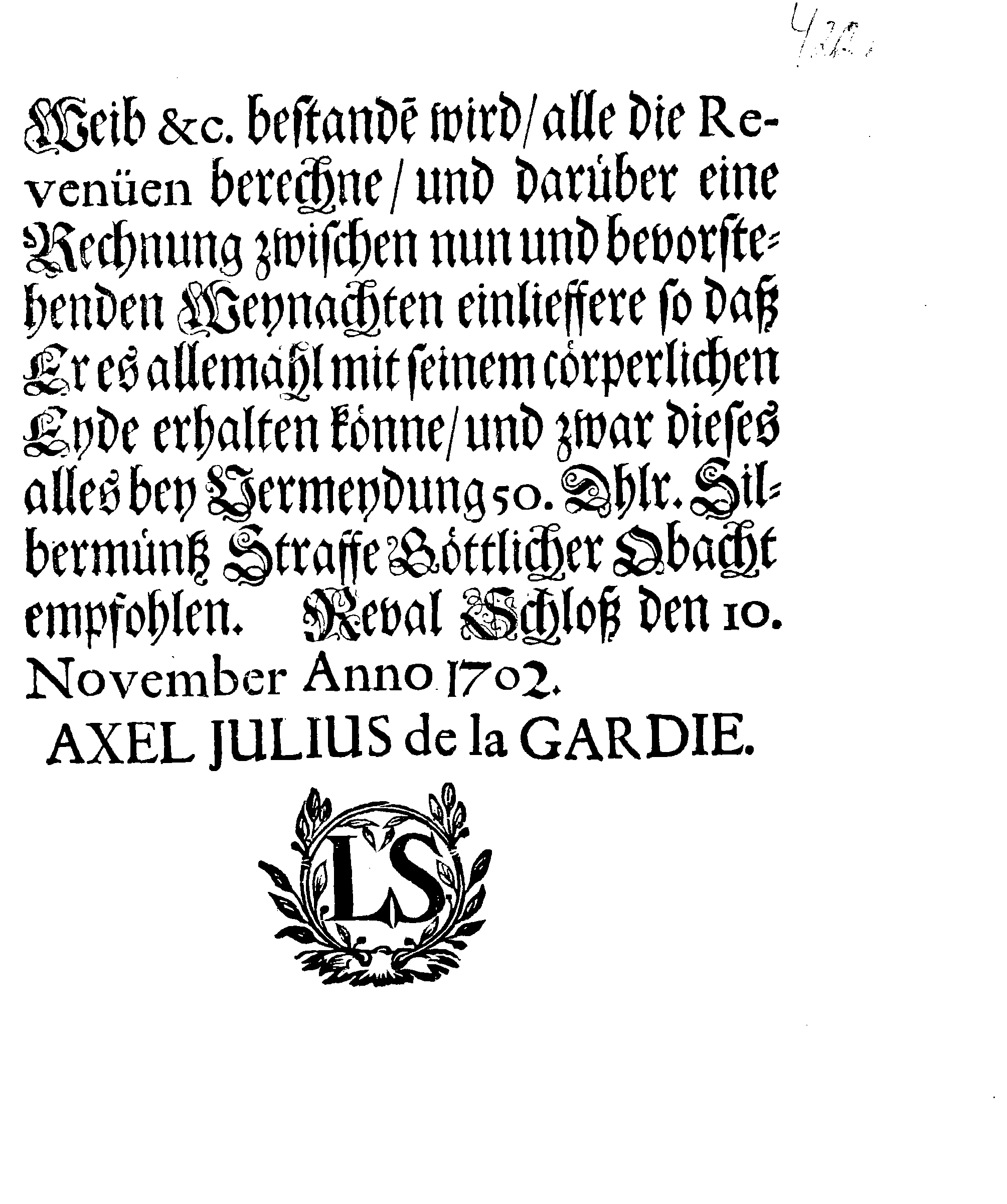 [Axel Julius De la Gardie korraldus]