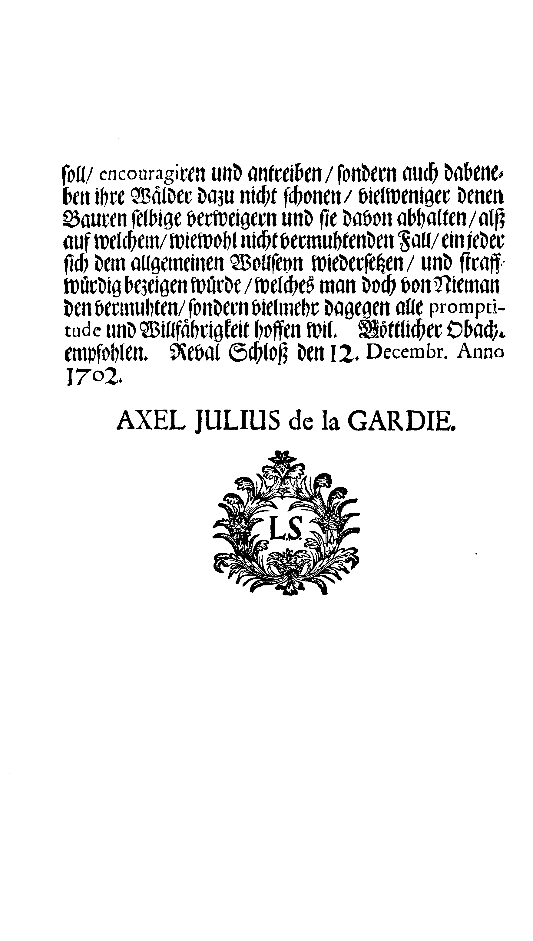 [Axel Julius De la Gardie korraldus]