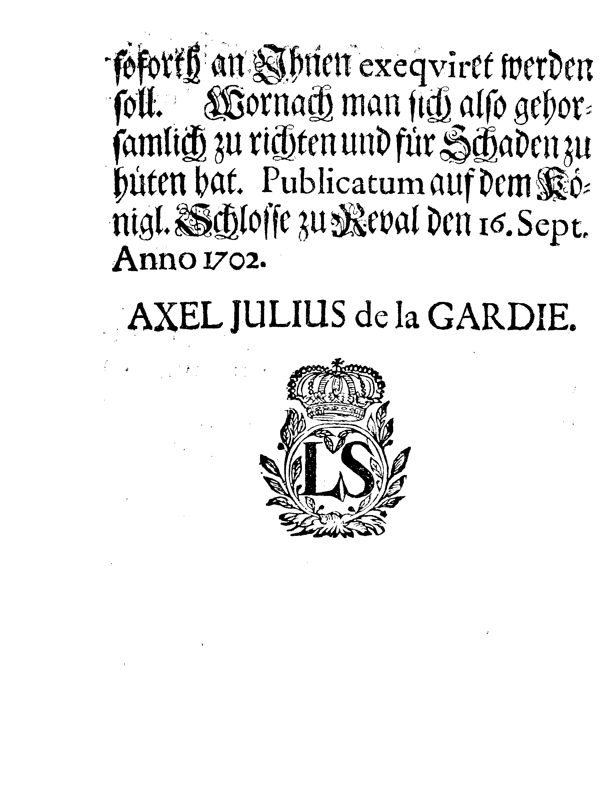 [Axel Julius De la Gardie korraldus]