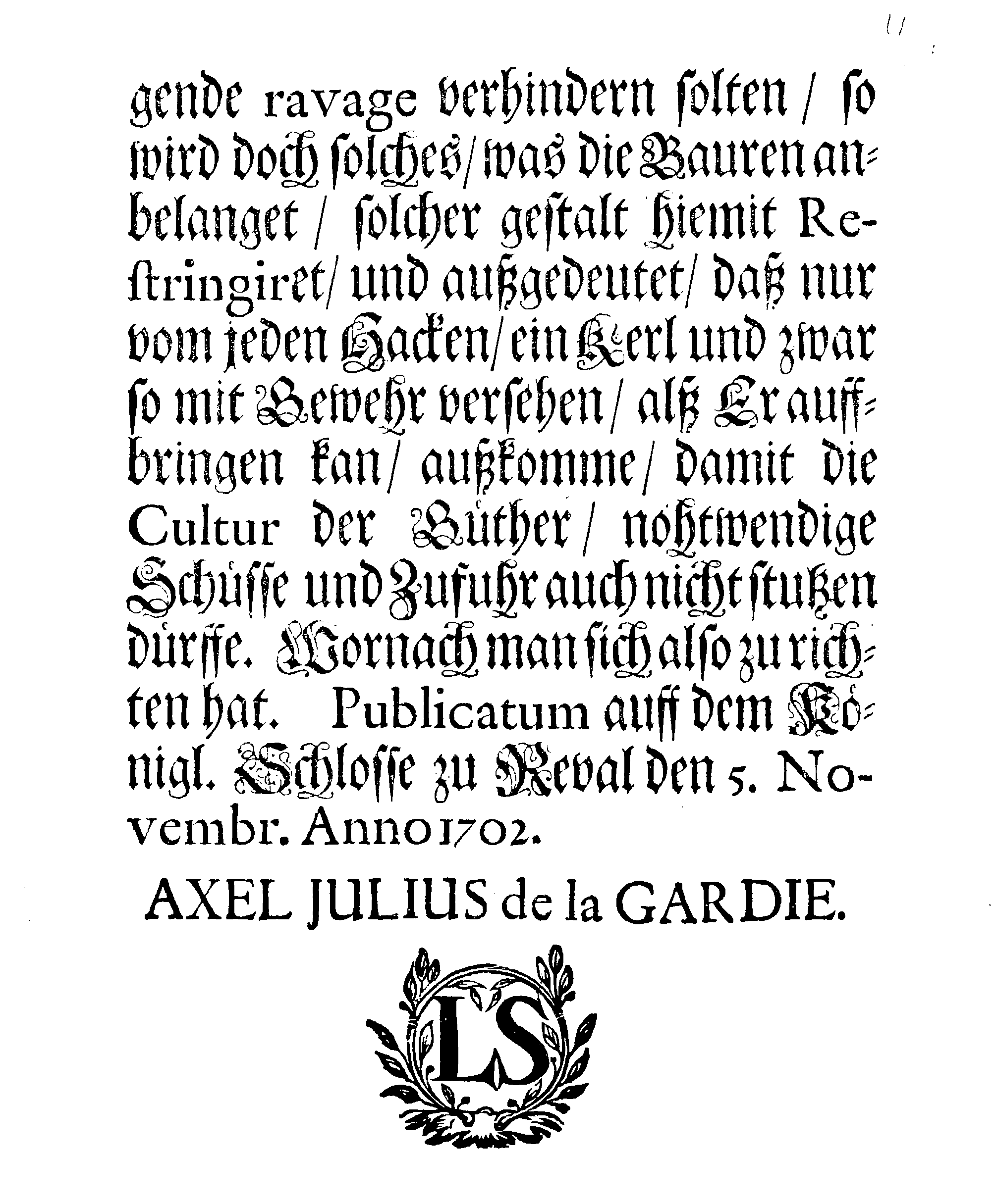 [Axel Julius De la Gardie korraldus]