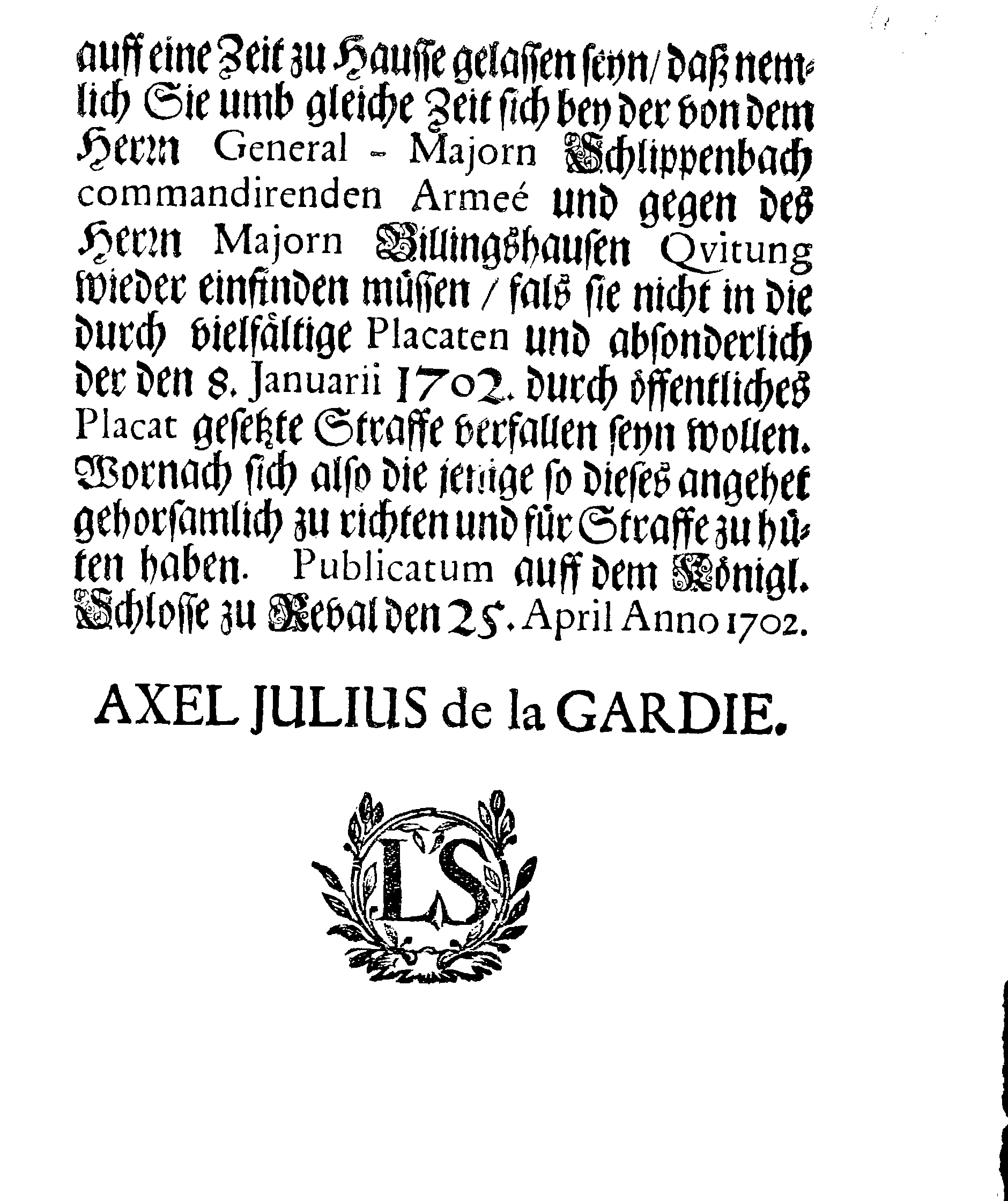 [Axel Julius De la Gardie korraldus]