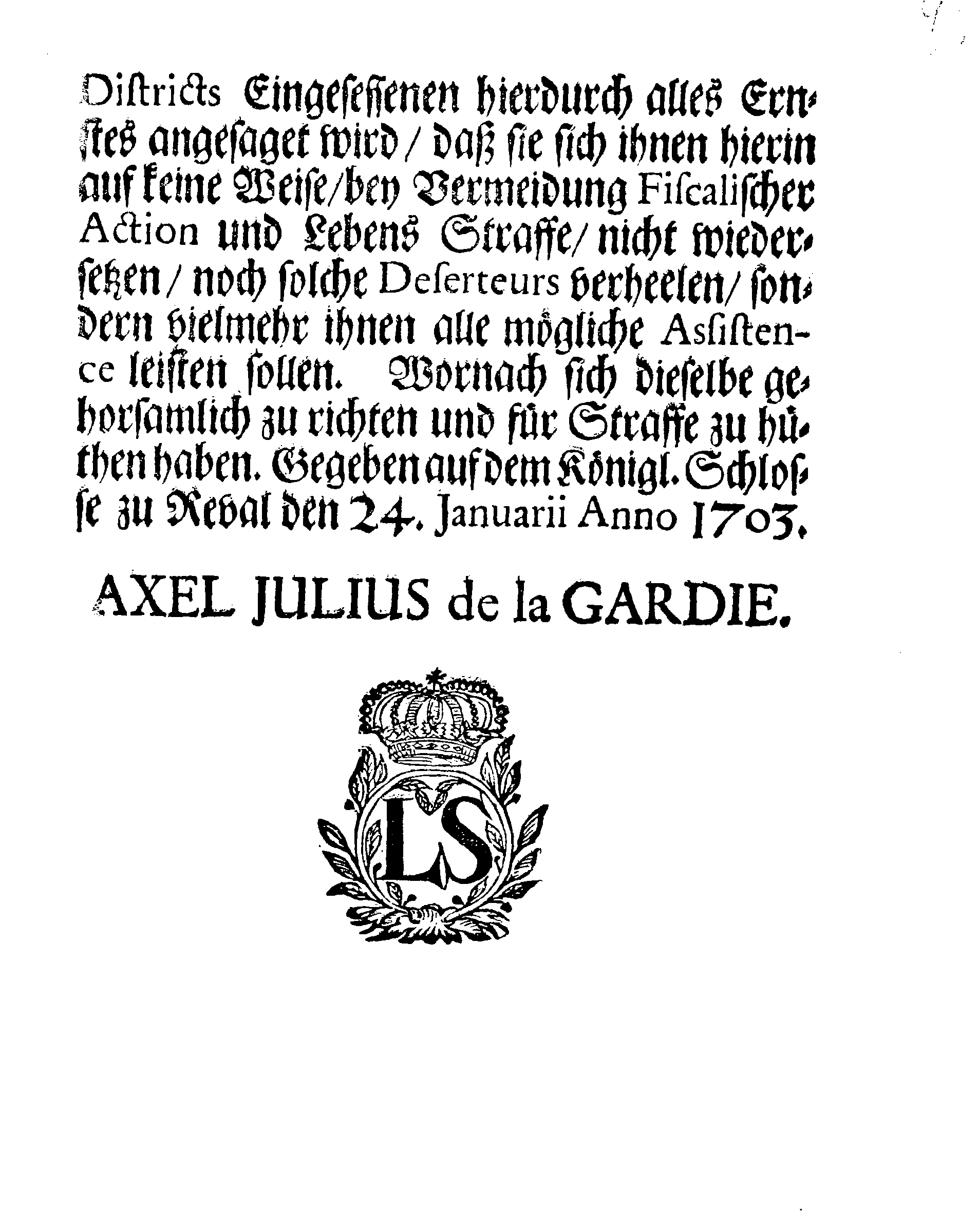 [Axel Julius De la Gardie korraldus]