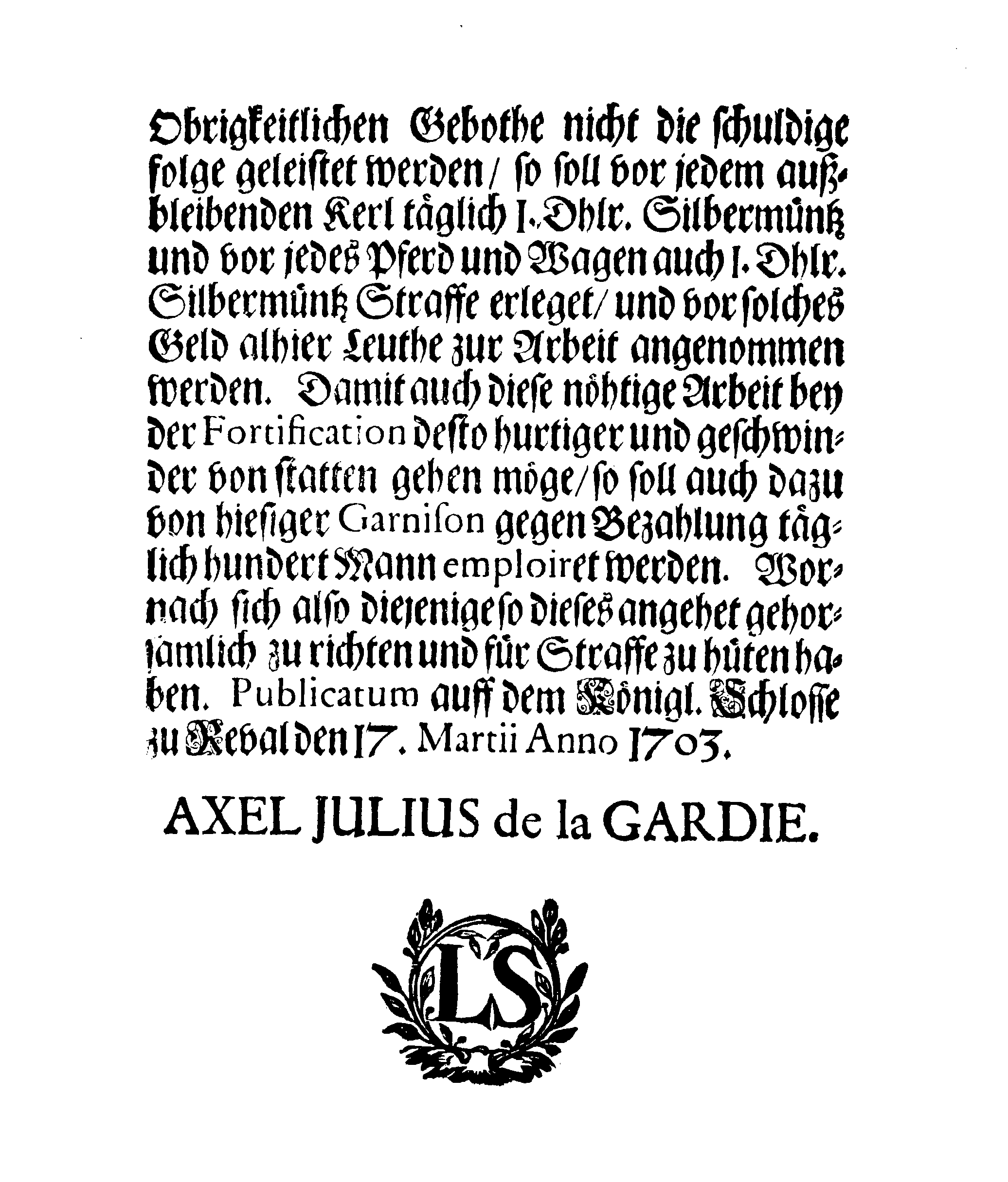 [Axel Julius De la Gardie korraldus]