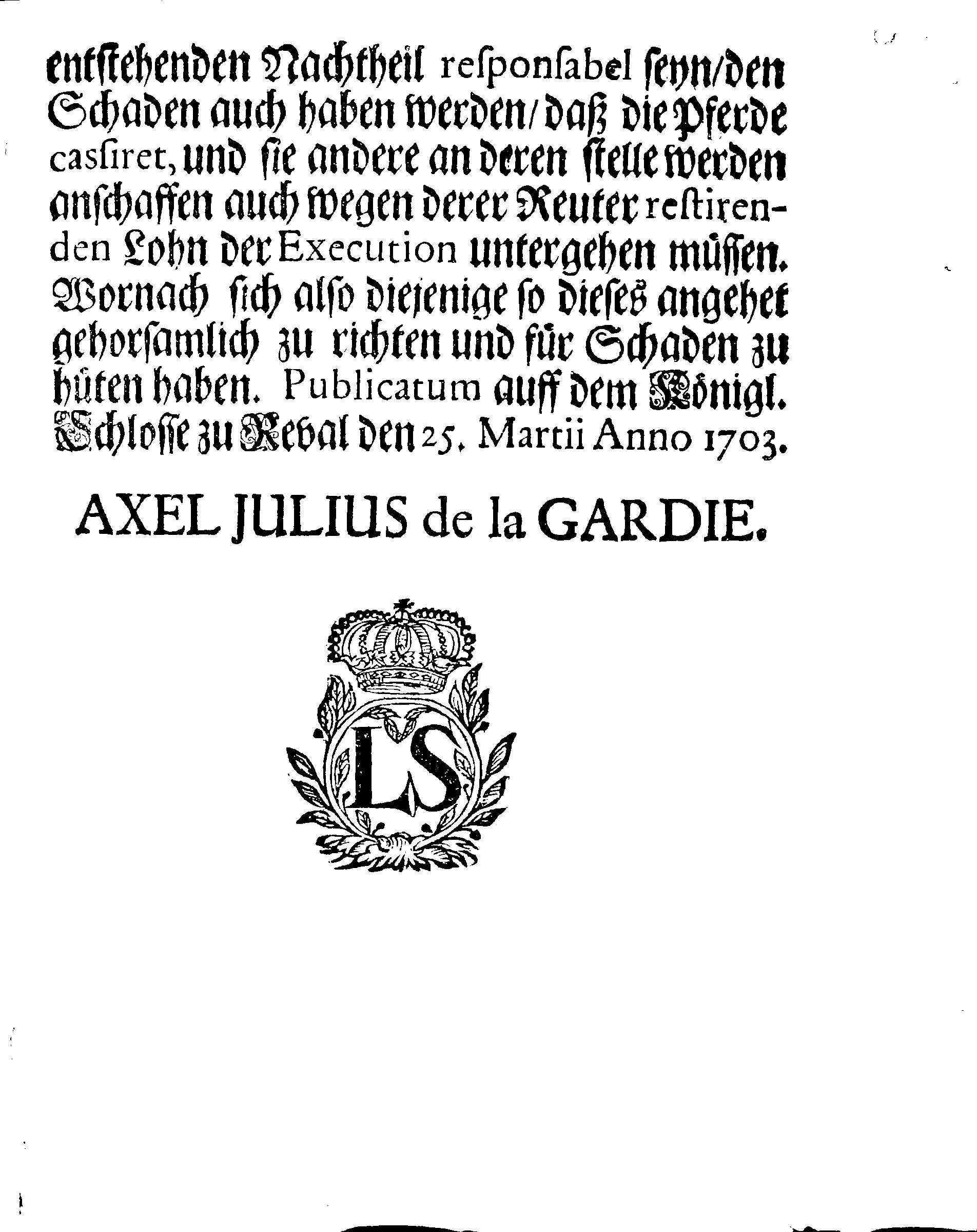 [Axel Julius De la Gardie korraldus]