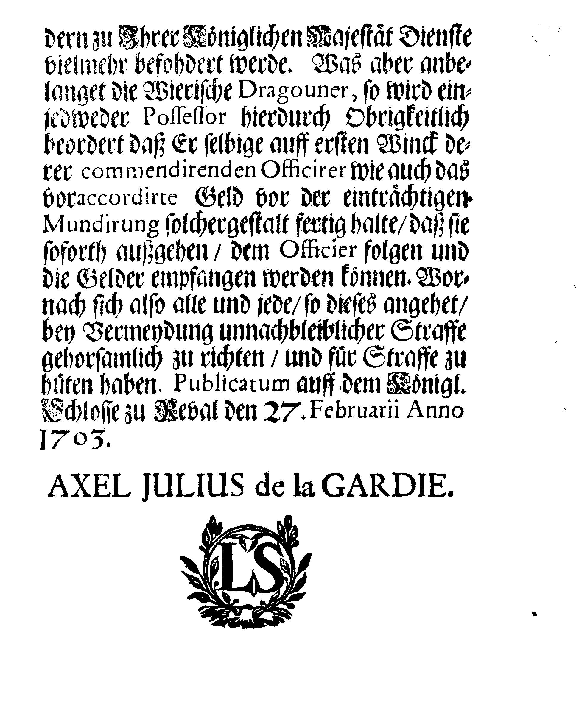 [Axel Julius De la Gardie korraldus]