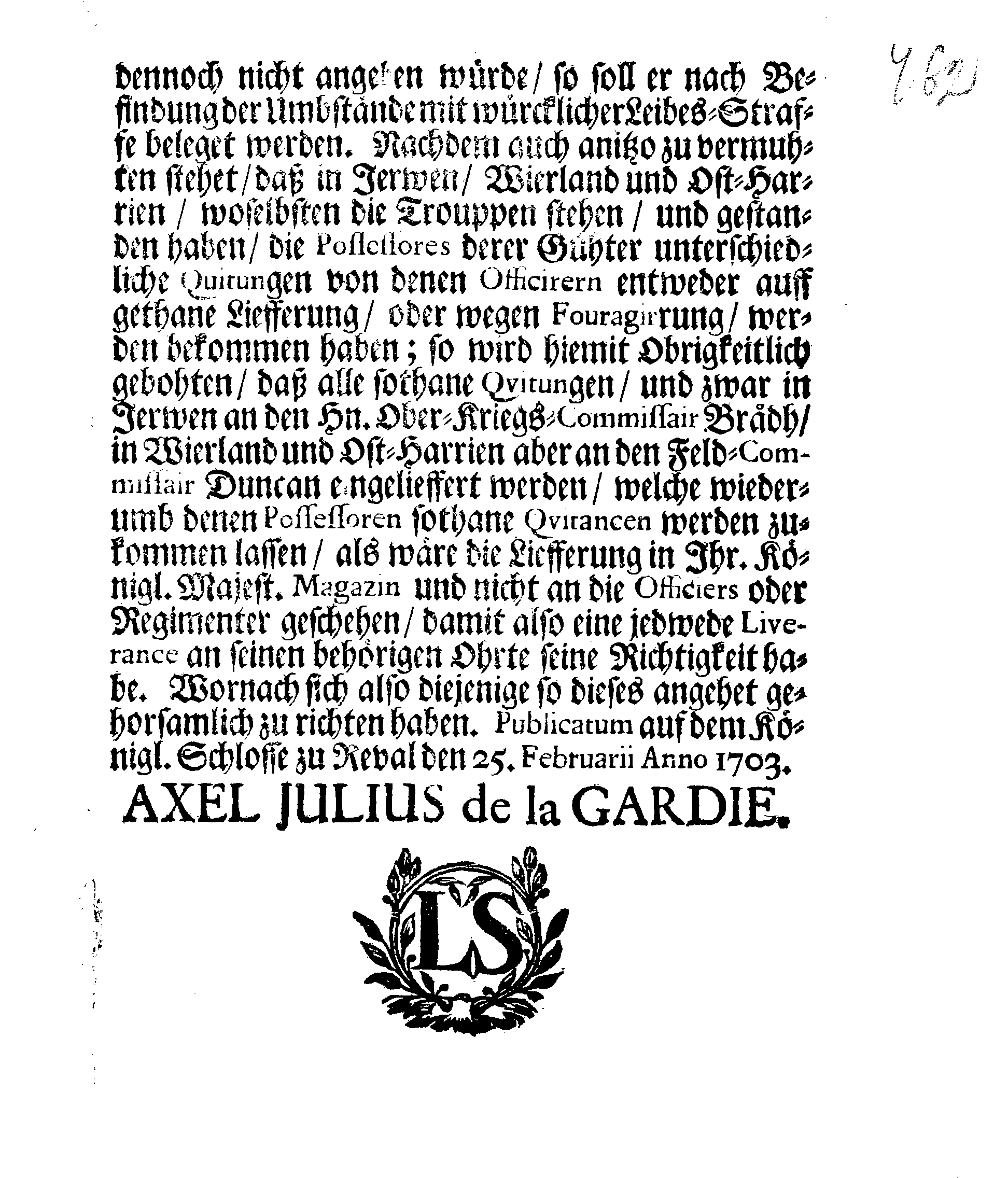 [Axel Julius De la Gardie korraldus]